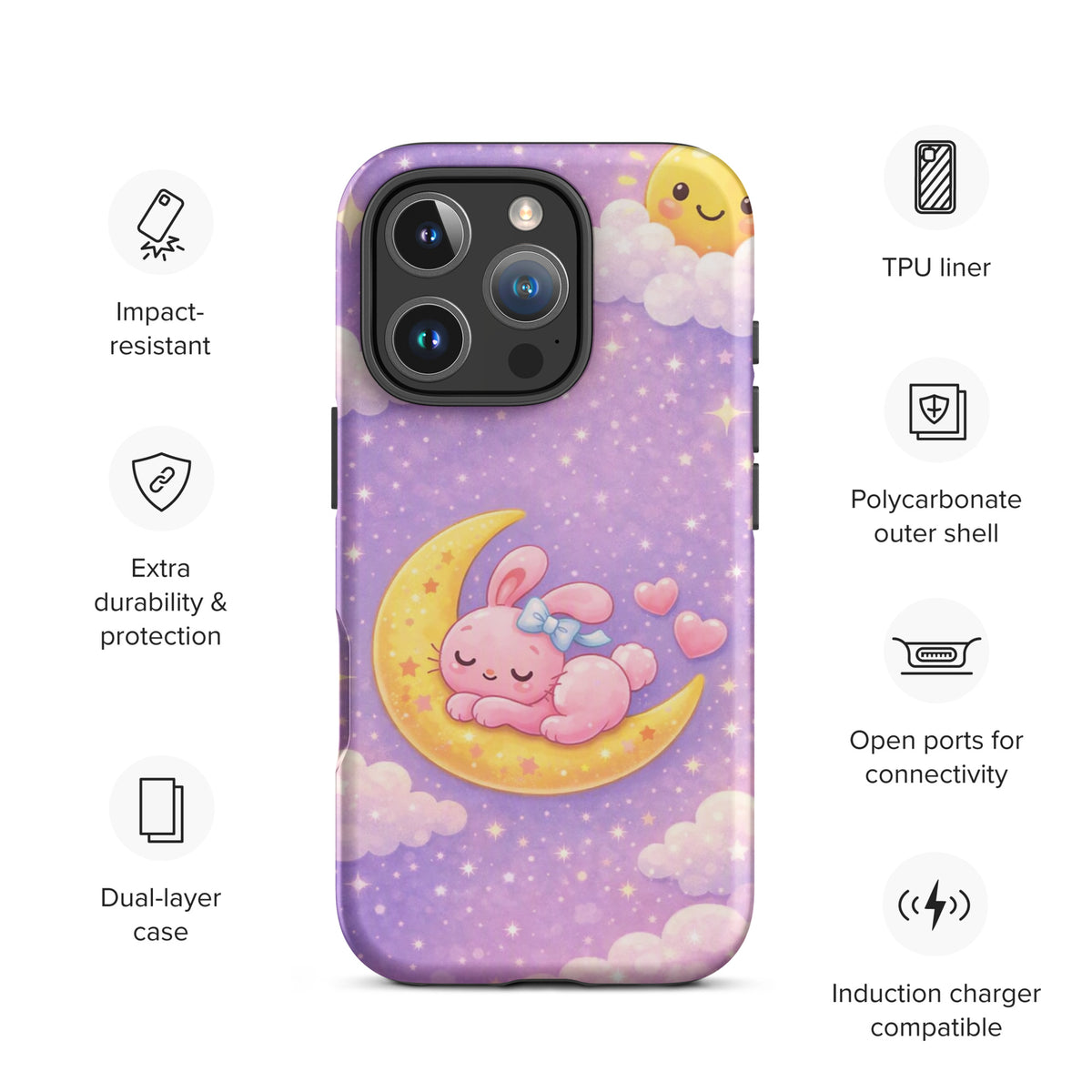Phone Case with cozy dreamy bunny moon design, featuring a pink bunny on a crescent moon, offering charm and protection for iPhones.
