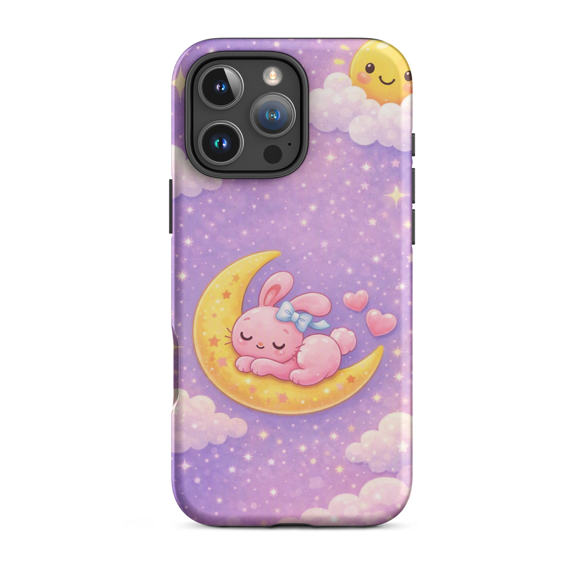 Cute Phone Case with bunny on crescent moon design, perfect for iPhone. Dreamy celestial artwork with stars and pastel colors.