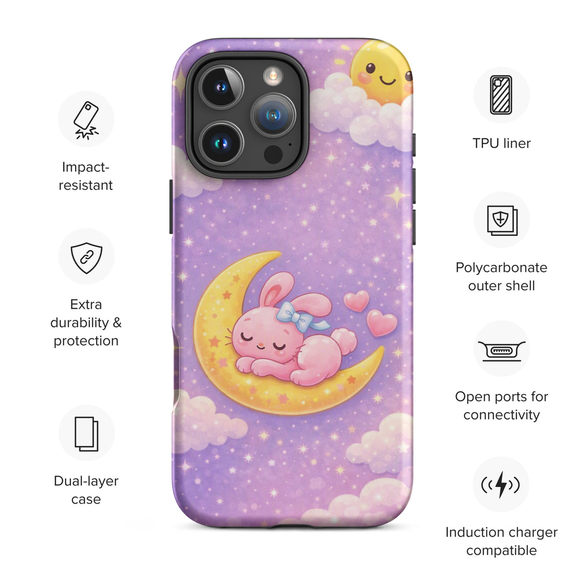 Phone Case with dreamy bunny moon design featuring a pink bunny sleeping on a crescent moon, stars on a purple sky. For iPhone protection.