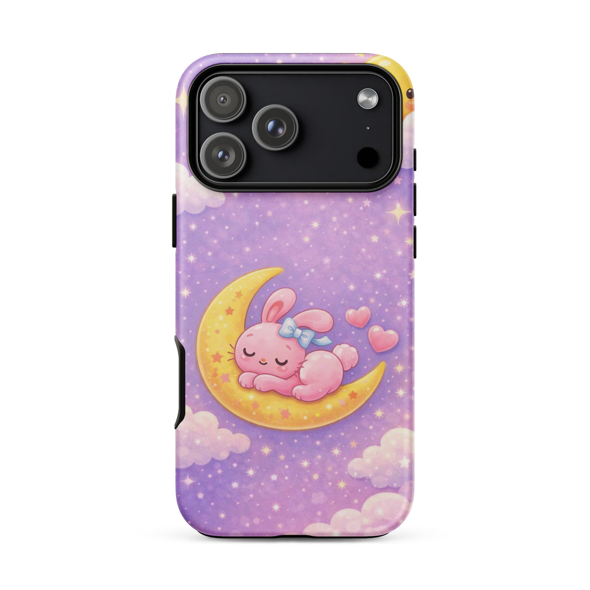 Phone Case with dreamy bunny moon design in pastel colors for iPhone, featuring a pink bunny on a crescent moon with stars.