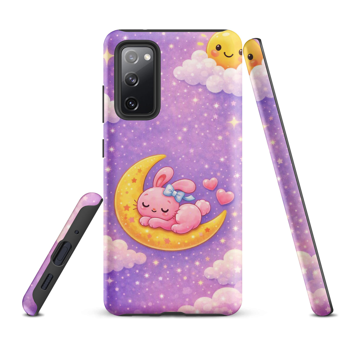 Phone Case for Samsung Galaxy with dreamy bunny on crescent moon, purple celestial design, cozy pastel colors, adorable and durable.