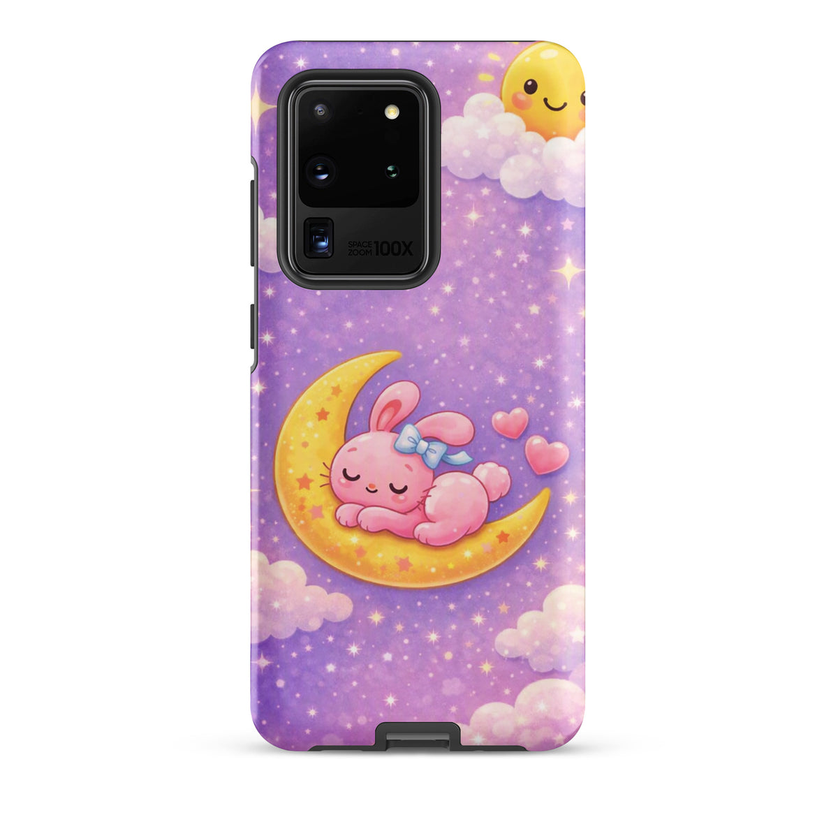 Phone Case for Samsung Galaxy with dreamy bunny moon design, featuring a pink bunny on a crescent moon in a pastel sky.