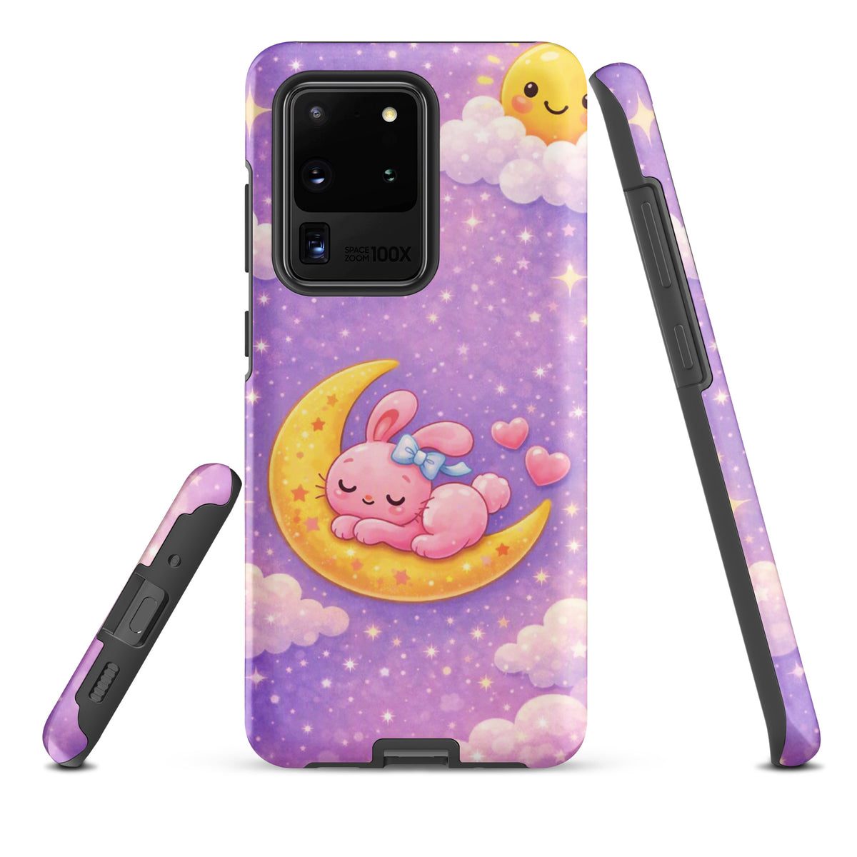 Phone Case with cute bunny moon design for Samsung Galaxy, featuring a pastel sky, sleeping pink bunny on crescent moon, stars, cozy vibe.