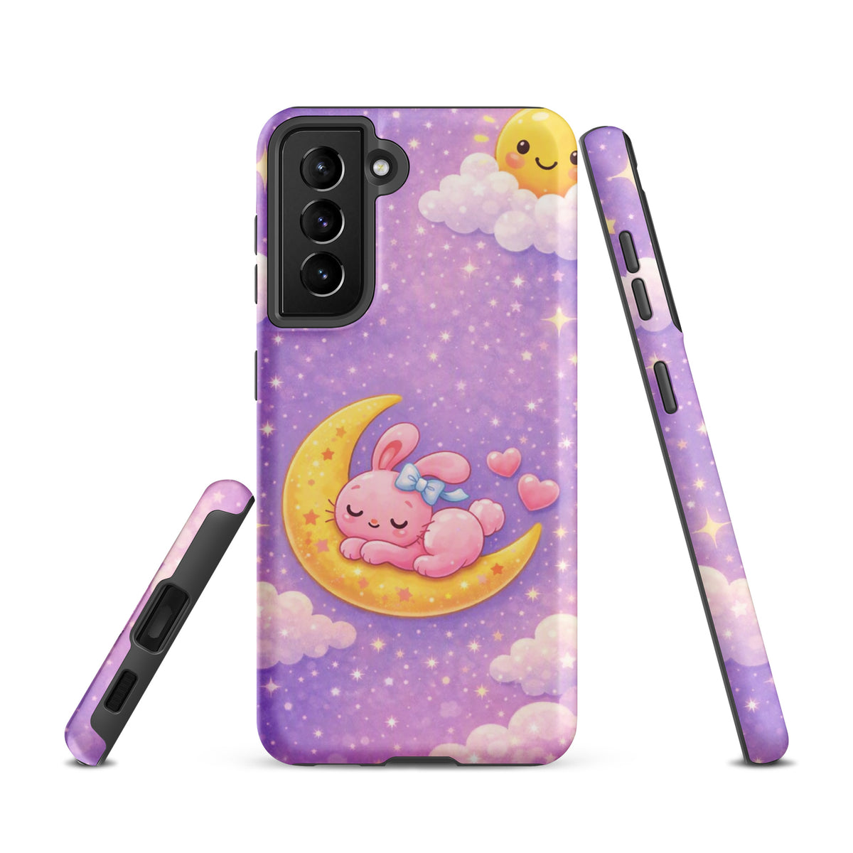 Phone Case for Samsung Galaxy with dreamy bunny on a crescent moon design, featuring pastel sky and stars