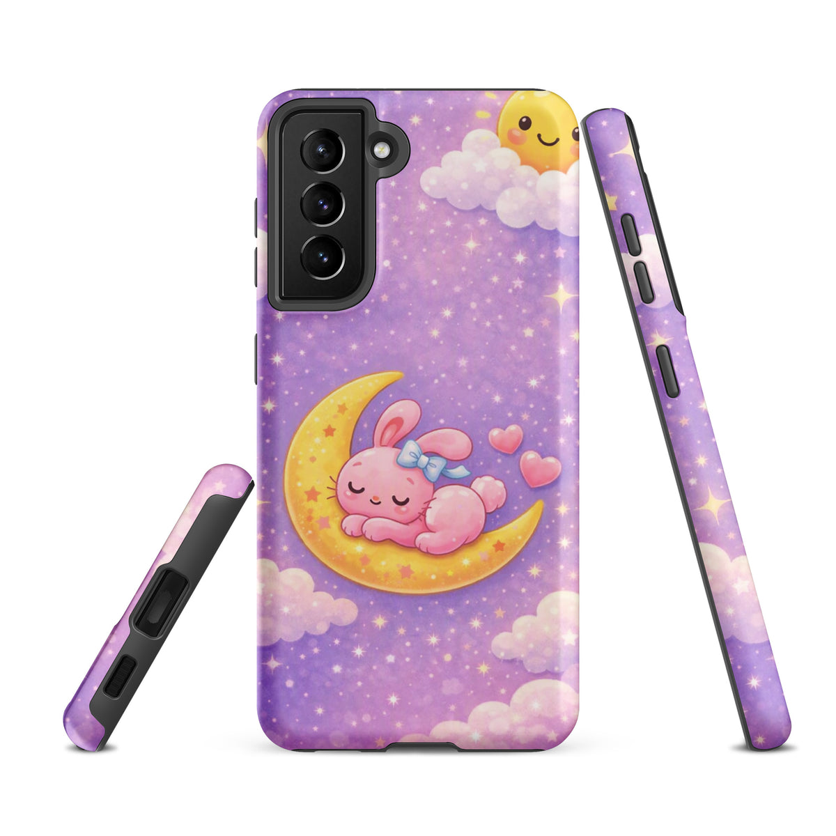 Phone Case for Samsung Galaxy with cute bunny on a crescent moon design, dreamy pastel colors, and twinkling stars.
