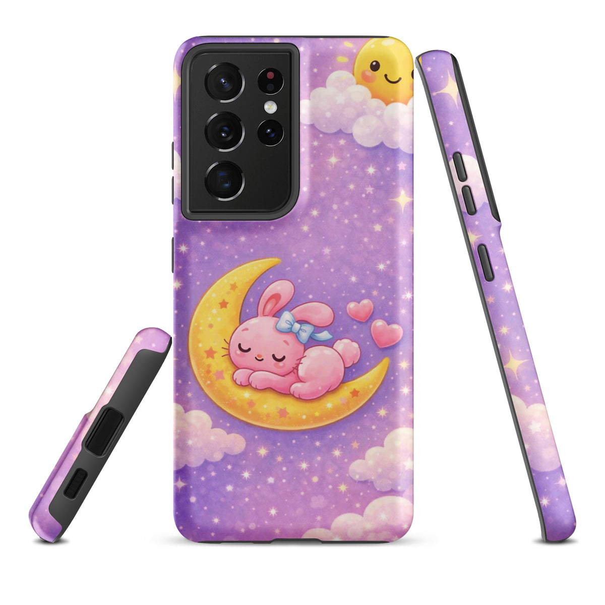 Phone Case for Samsung Galaxy with cute bunny on crescent moon design, pastel purple background.