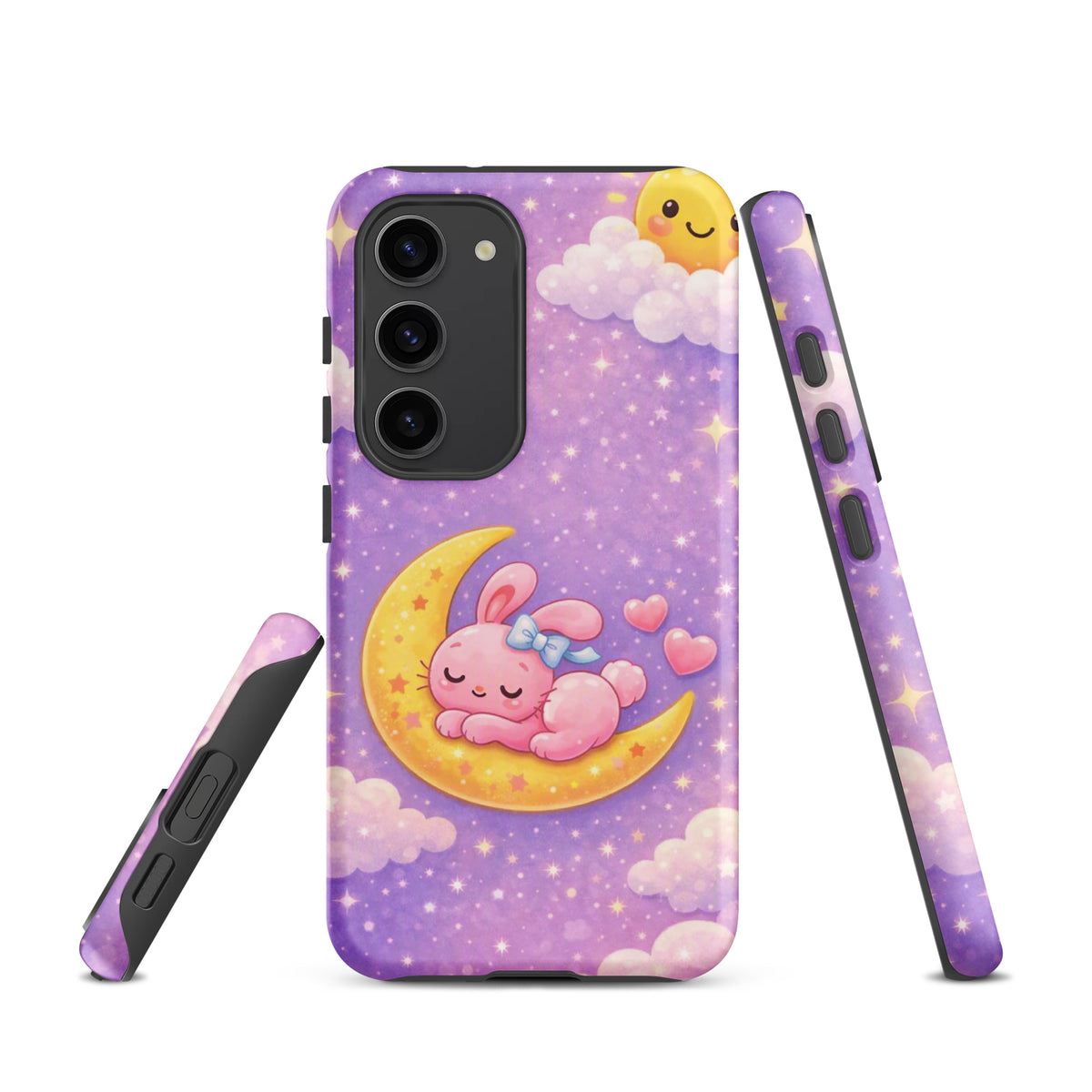Phone Case for Samsung Galaxy with cute bunny moon design, pastel sky with crescent and stars, cozy and dreamy art, durable protection.