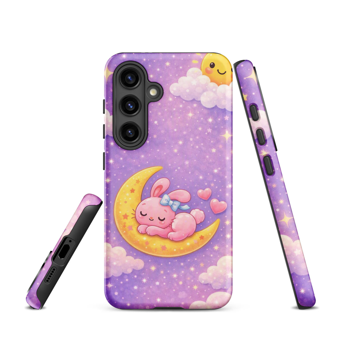 Phone Case for Samsung Galaxy featuring cute bunny on a crescent moon design with stars and clouds.