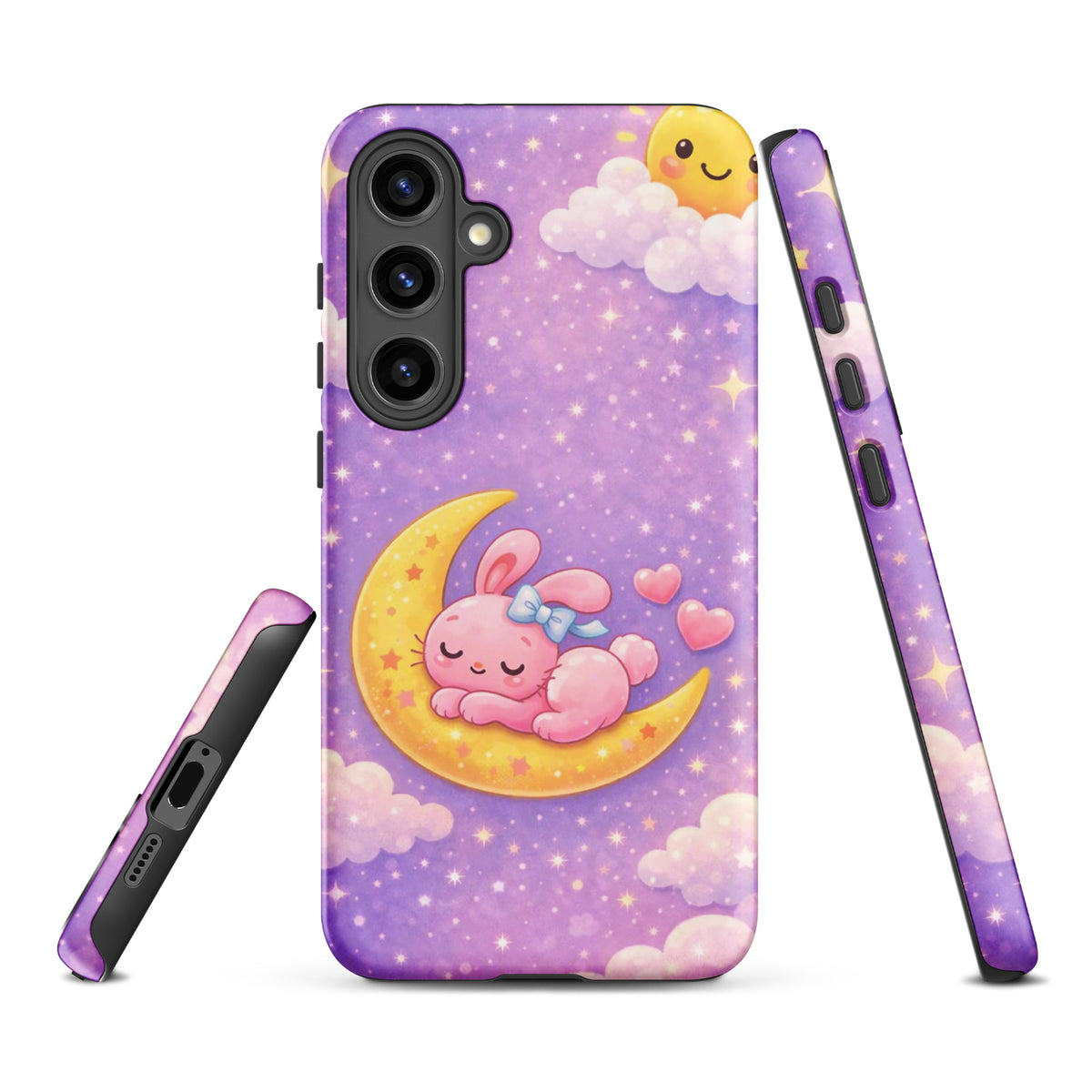 Phone Case for Samsung Galaxy with cute bunny moon design, featuring a pastel sky and snoozing bunny on a crescent moon with stars.
