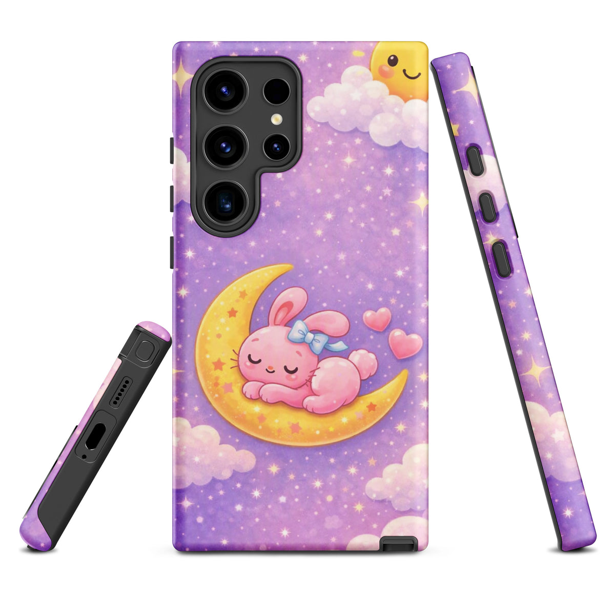 Phone Case for Samsung Galaxy with cute bunny sleeping on moon design, surrounded by stars, pink and yellow pastel colors.
