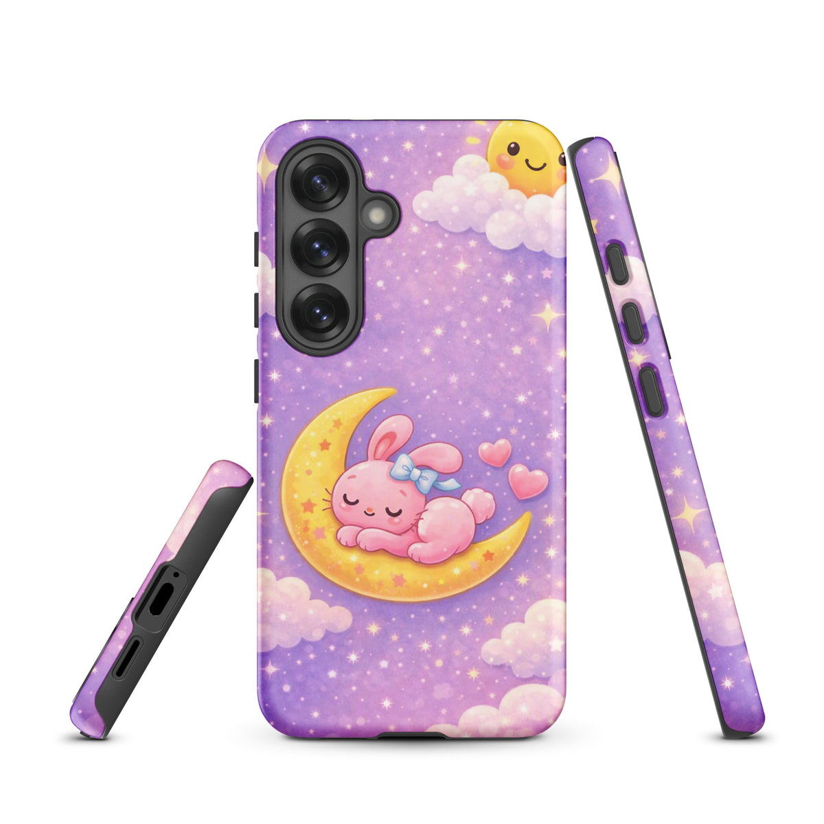 Phone Case for Samsung Galaxy with cute bunny on moon design, pastel sky with stars, cozy and dreamy art, celestial charm