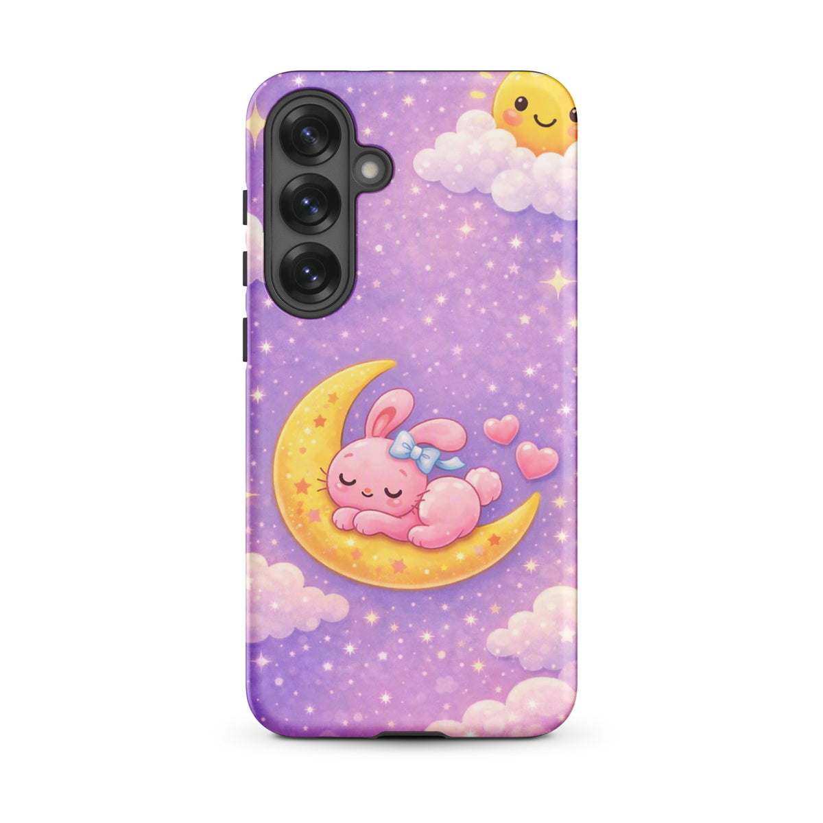 Phone Case for Samsung Galaxy with dreamy bunny on moon design, featuring pink bunny on crescent moon with stars and clouds.