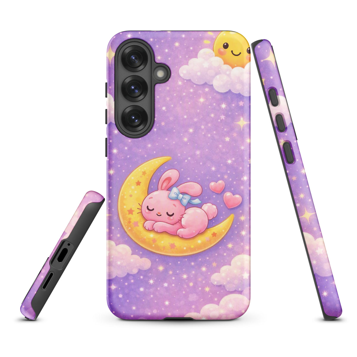 Phone Case for Samsung Galaxy with dreamy bunny moon design, featuring a pink bunny on a crescent moon with stars