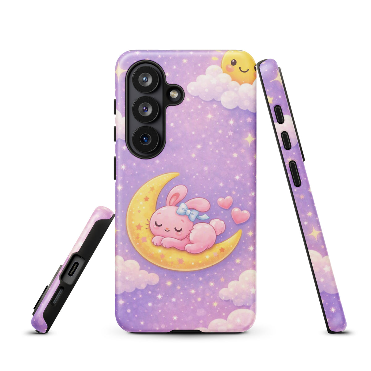 Phone Case for Samsung Galaxy featuring dreamy bunny on crescent moon design with stars in pastel nighttime sky.
