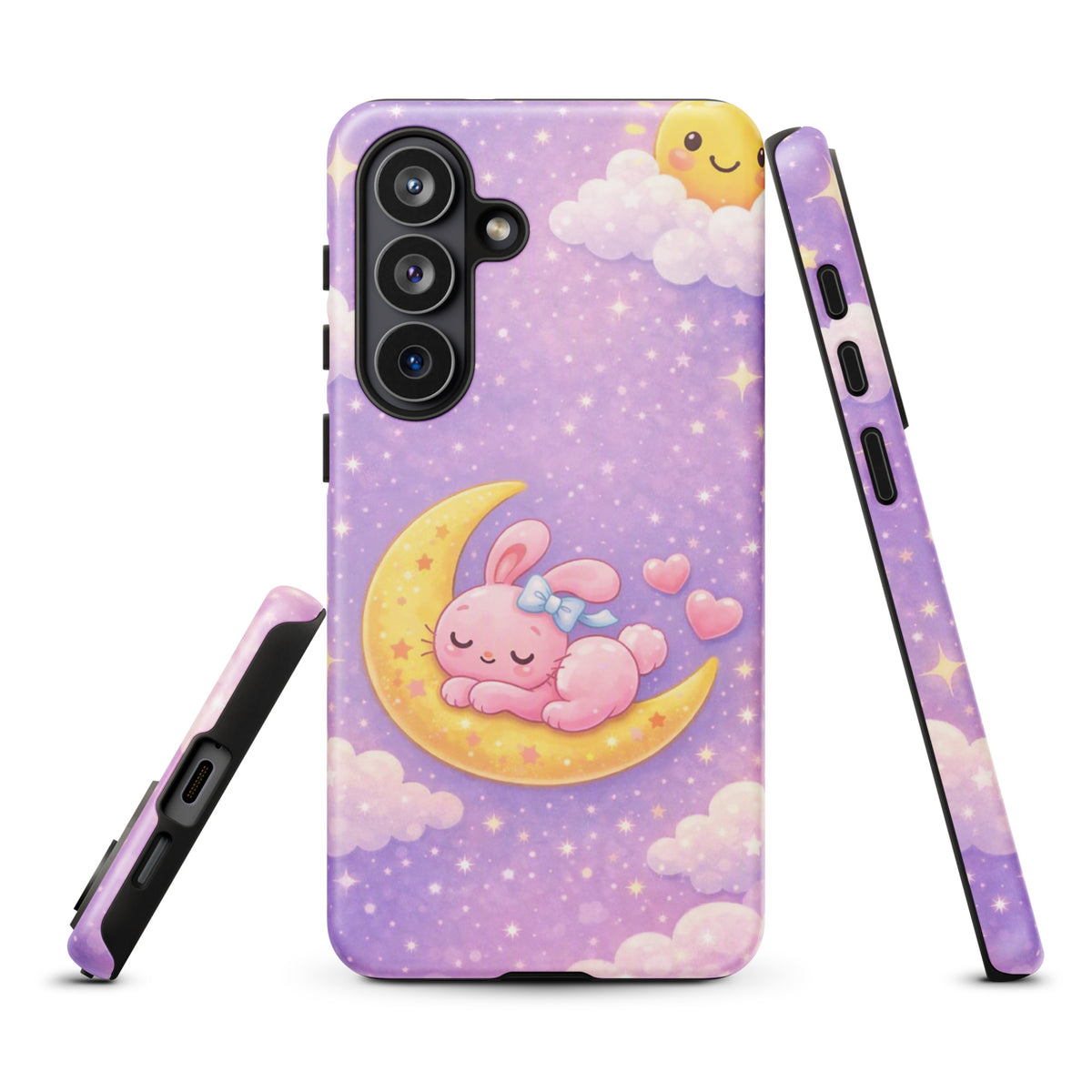 Phone Case for Samsung Galaxy with cute pink bunny on moon design, cozy pastel colors, celestial stars, and dreamy night sky theme.