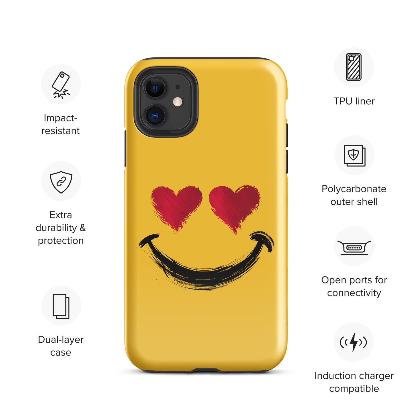 Phone Case for iPhone with heart-eyes smiley design in vibrant colors, showcasing impact-resistant features and open port design.