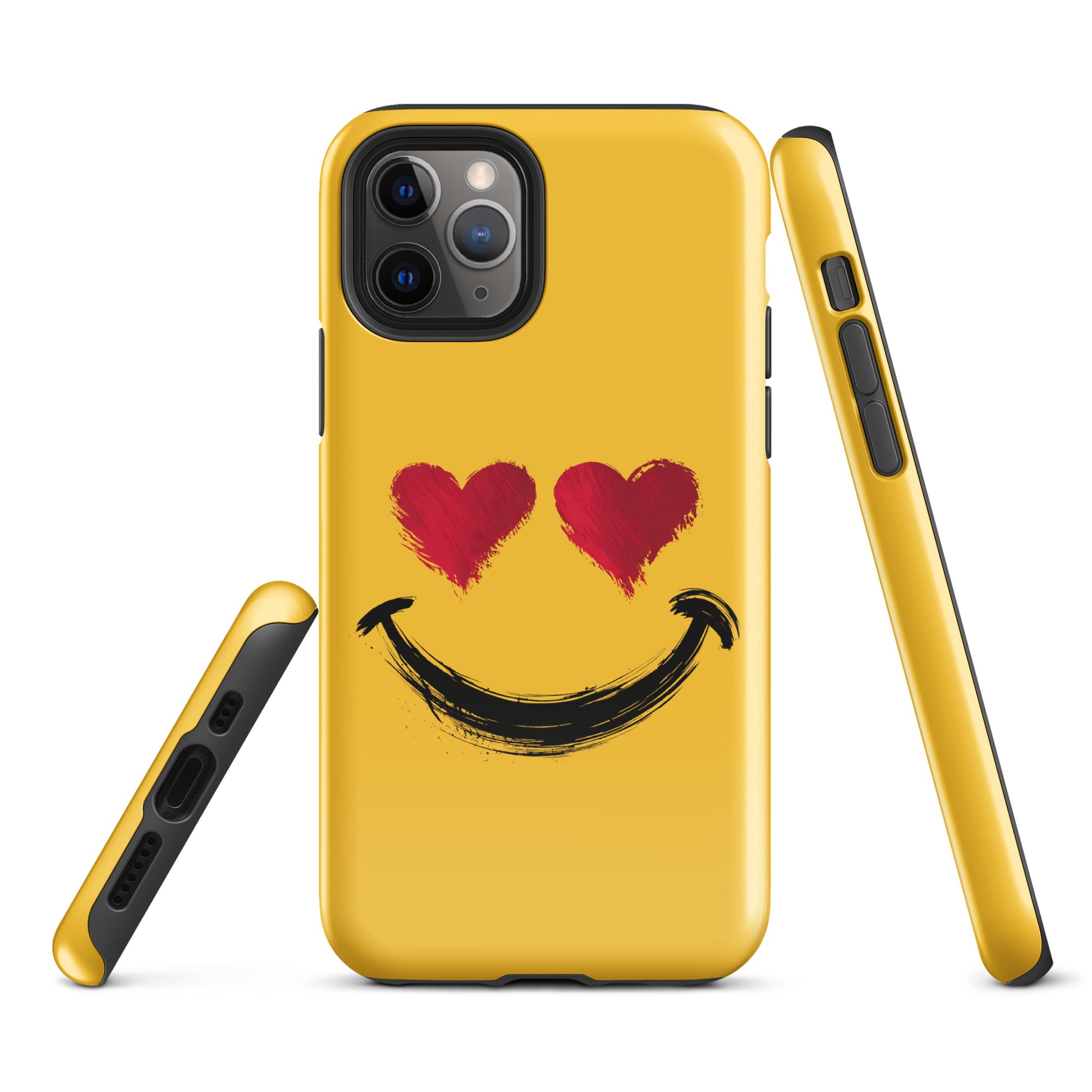 Phone Case for iPhone with heart‑eyes smiley art, yellow background, bold style, premium protection, vibrant design, joyful expression