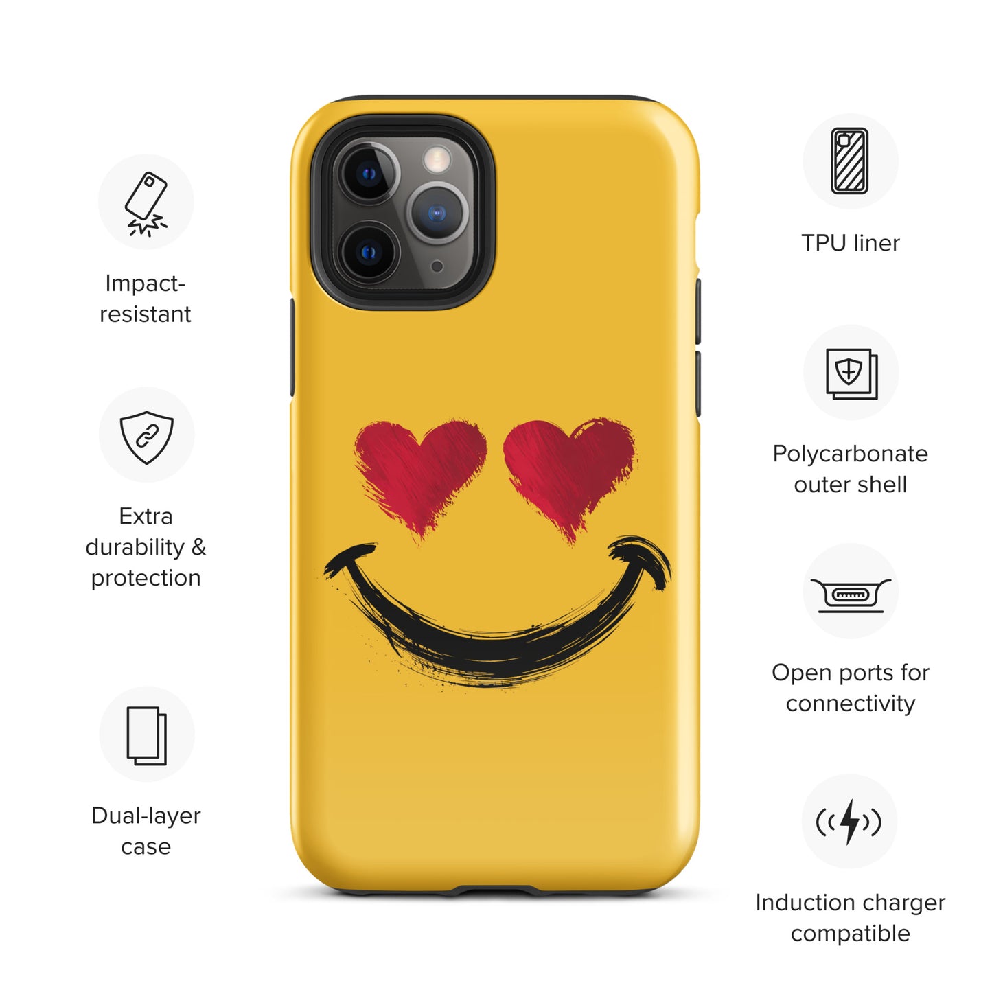 Phone Case for iPhone with Heart-Eyes Smiley Art, impact-resistant dual-layer design, TPU liner, polycarbonate shell, charger compatible.