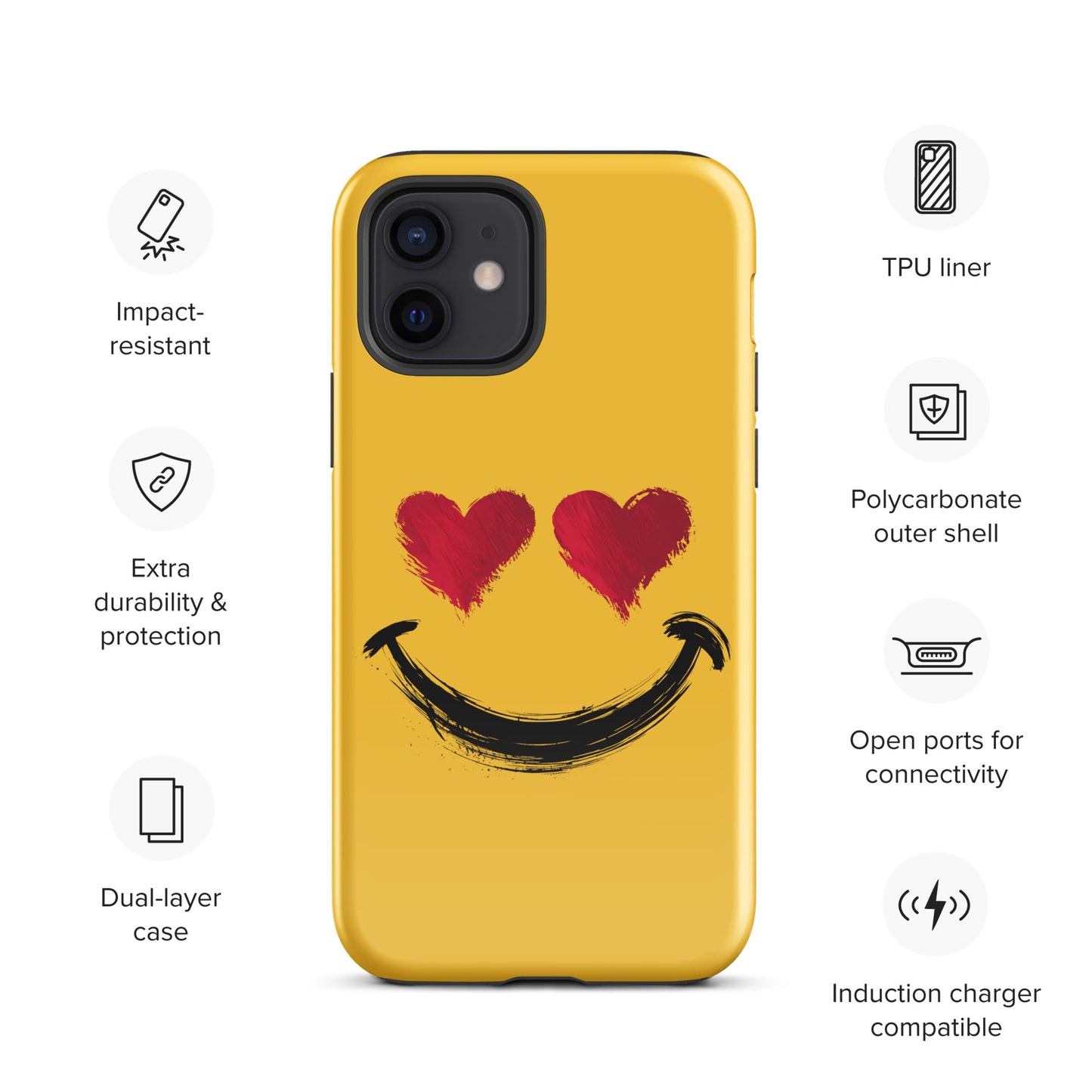 Phone Case for iPhone featuring heart-eyes smiley art with vibrant colors and bold style for a playful, premium accessory.