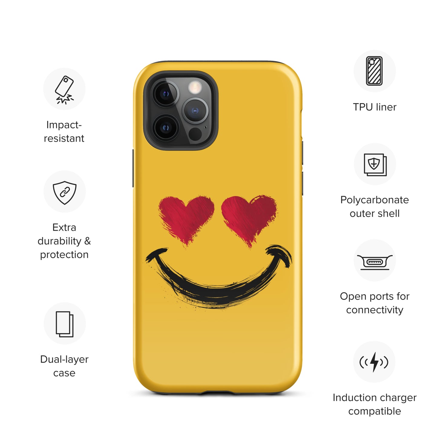 Phone Case for iPhone with heart‑eyes smiley art, impact-resistant design, vibrant colors, and premium protection features.