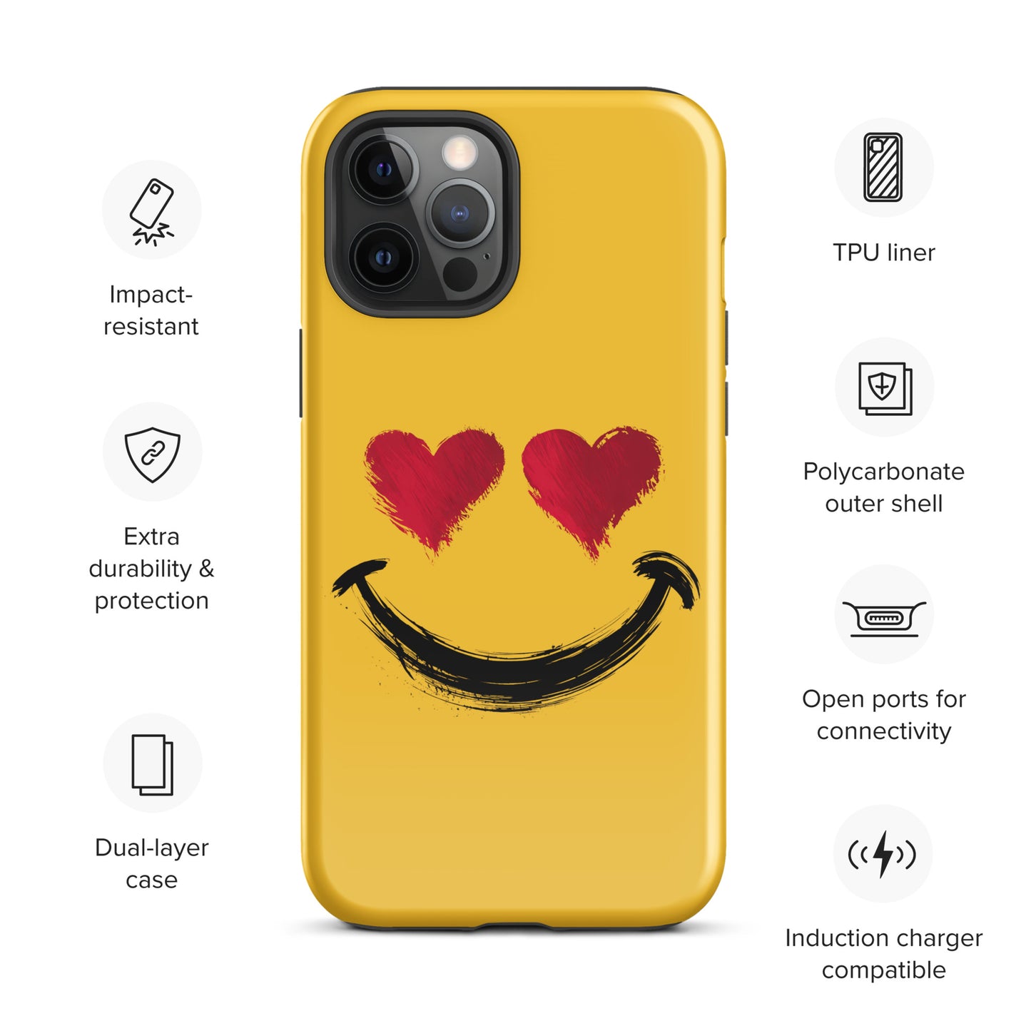 Phone Case for iPhone with heart-eyes smiley art, yellow design, impact-resistant, polycarbonate shell, dual-layer protection