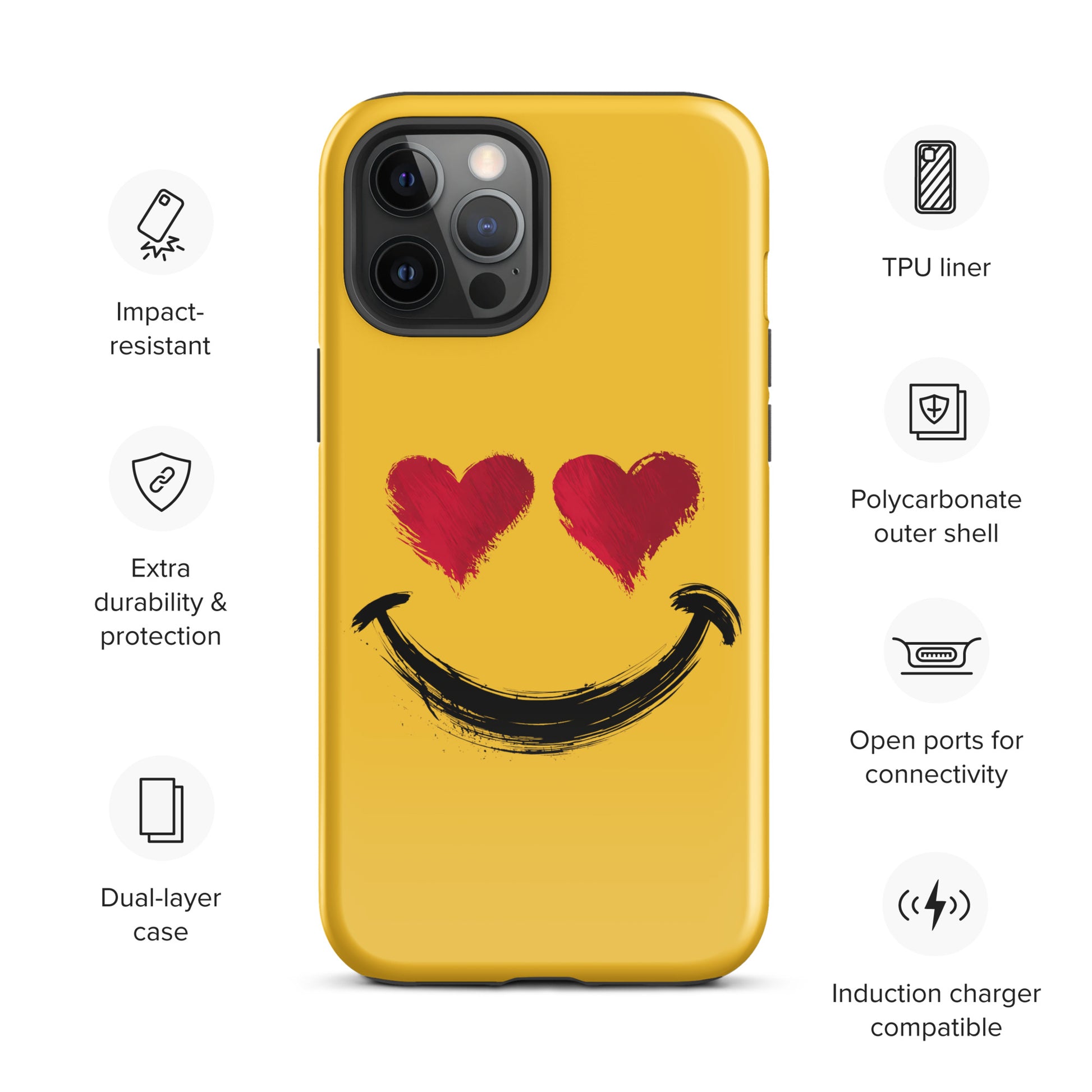 Phone Case for iPhone with heart-eyes smiley art, yellow design, impact-resistant, polycarbonate shell, dual-layer protection