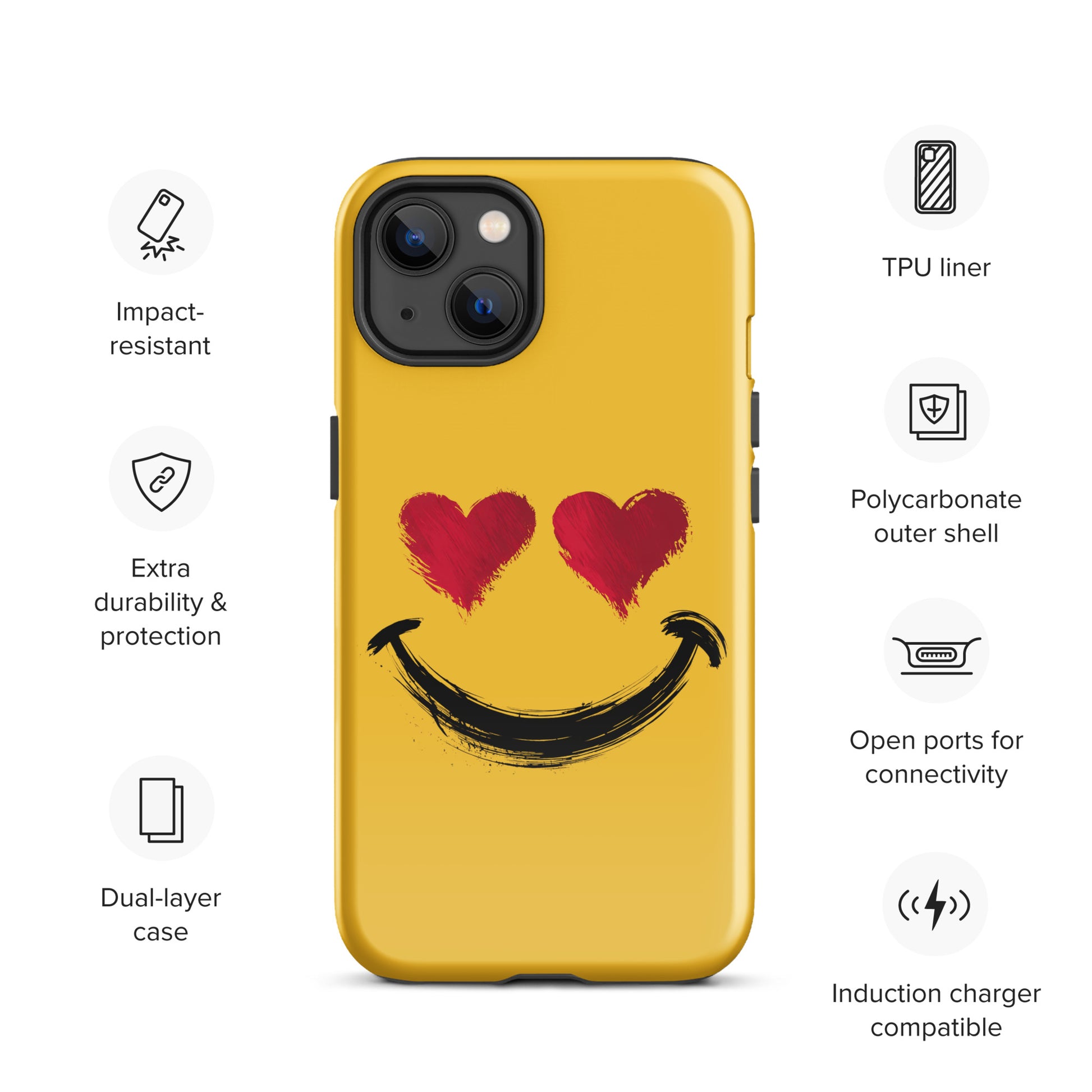 Phone Case for iPhone with heart‑eyes smiley design, featuring impact-resistant protection and vibrant yellow artistic style.