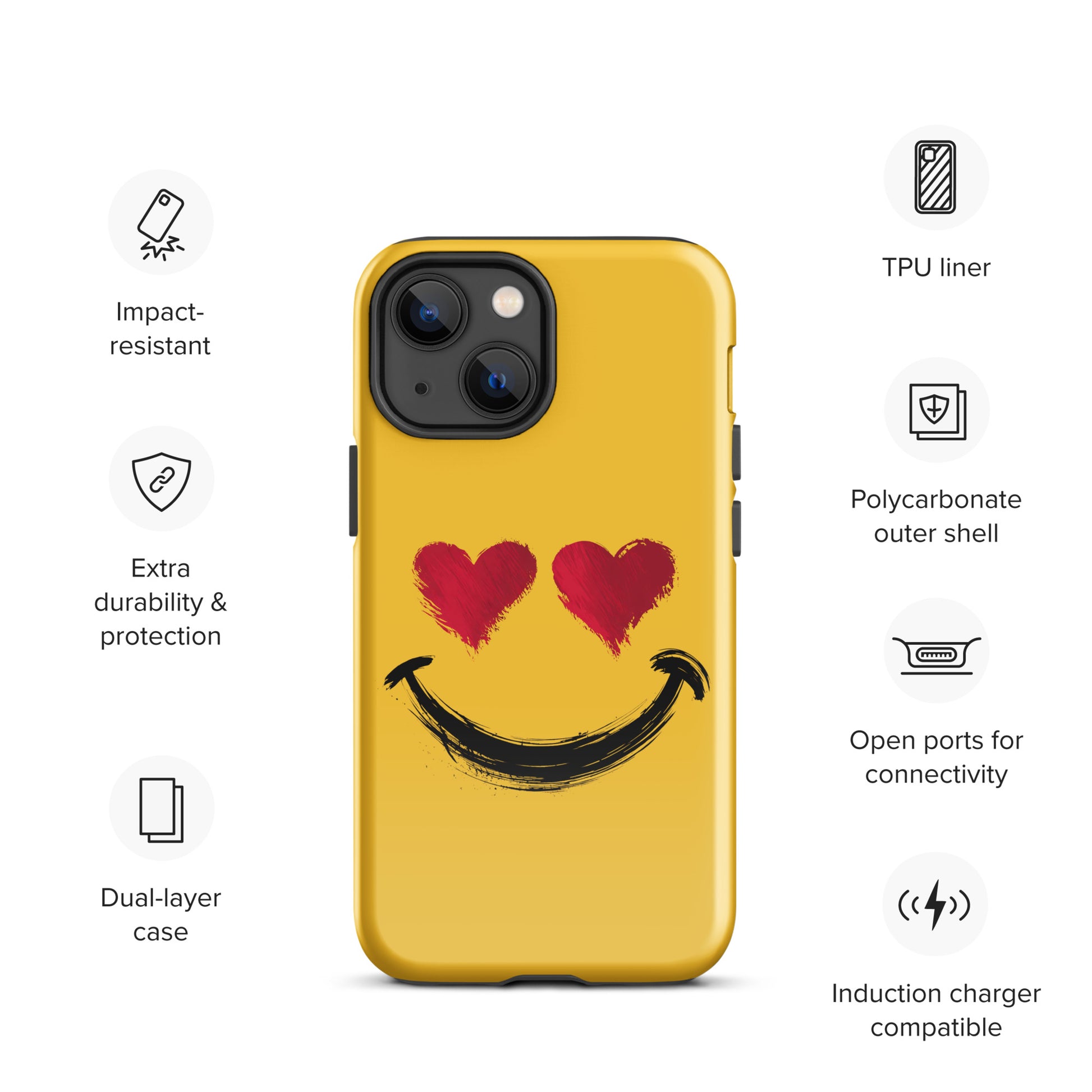 Phone Case for iPhone with heart-eyes smiley art, vibrant colors, and high-contrast design, premium protection and playful style.