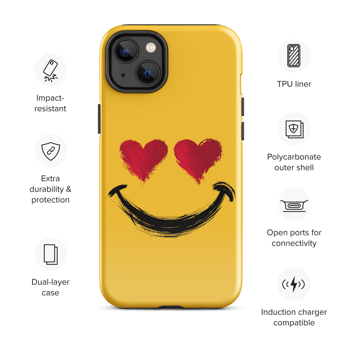 Phone Case for iPhone featuring bold heart-eyes smiley art with vibrant colors, impact-resistant design, and premium protection.