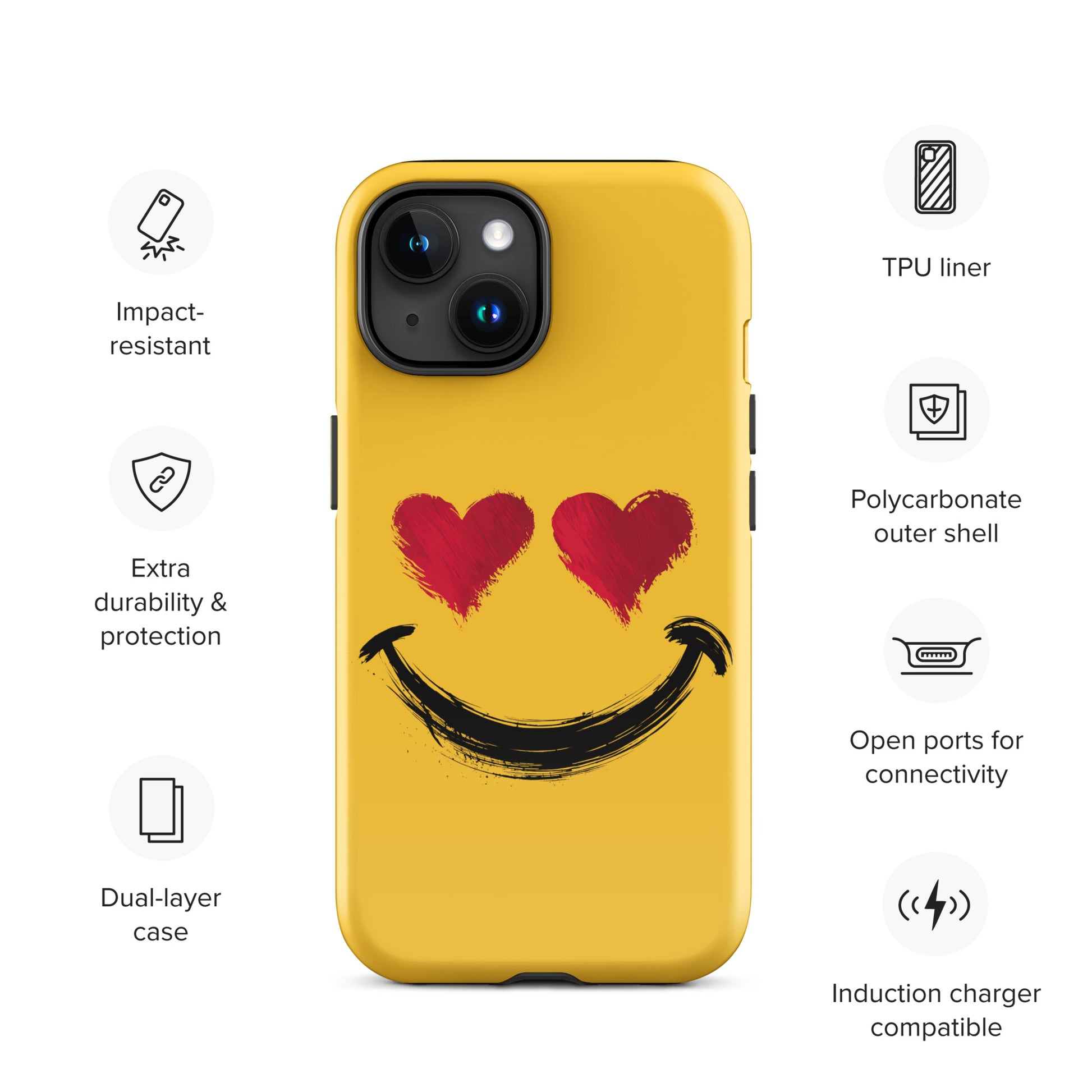Phone Case for iPhone with heart‑eyes smiley design, bold style, vibrant colors, durable protection, playful artistic expression.