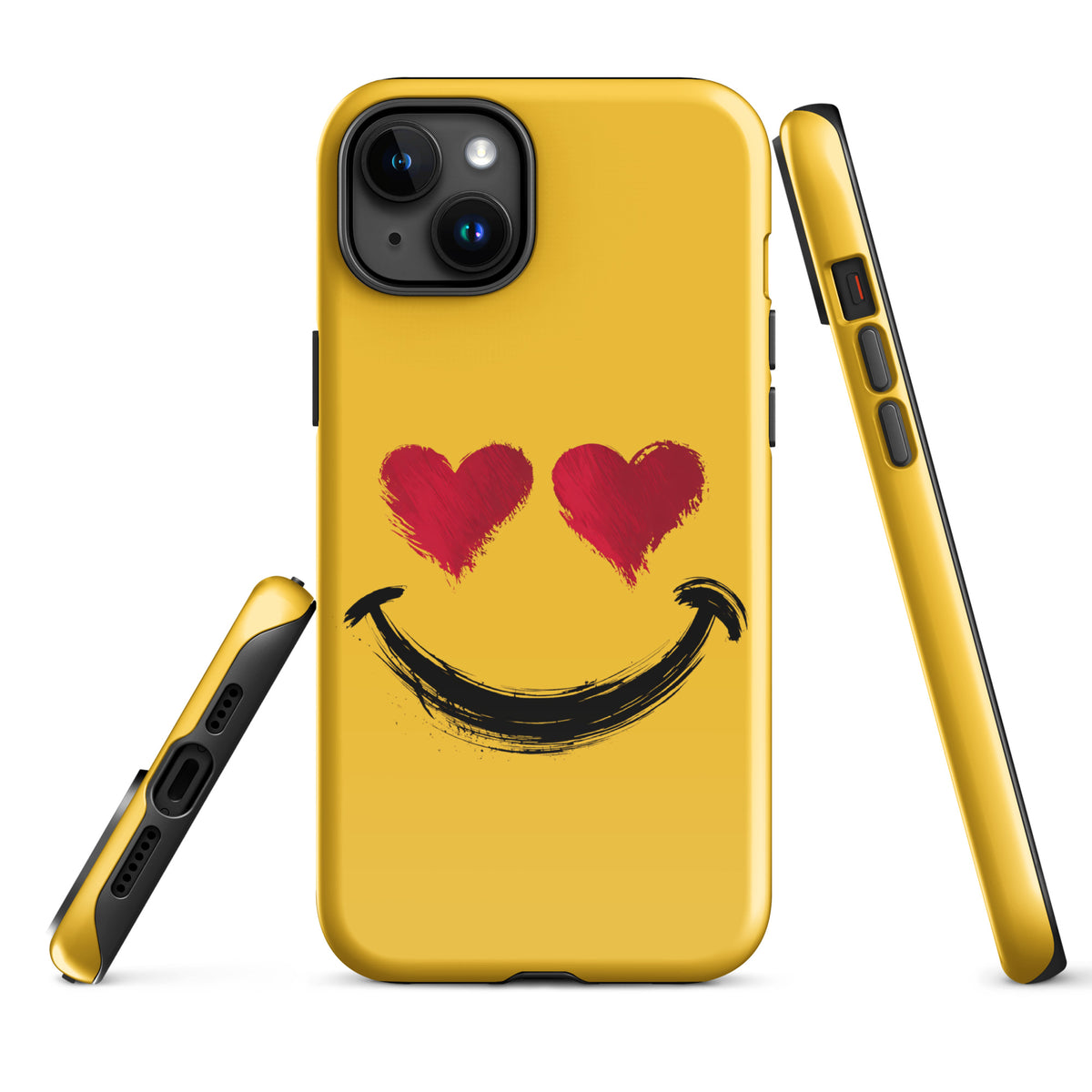 Phone Case for iPhone with heart-eyes smiley art, vibrant yellow design, adds bold style and premium feel to your device.