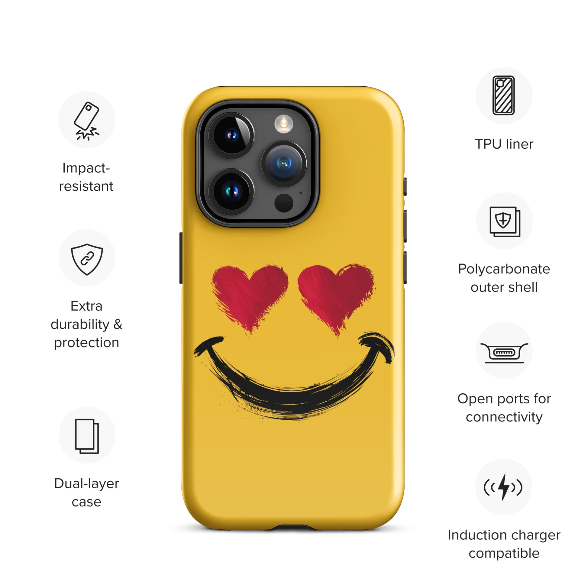 Phone Case for iPhone with heart‑eyes smiley, vibrant design with text highlighting durability features and compatibility.