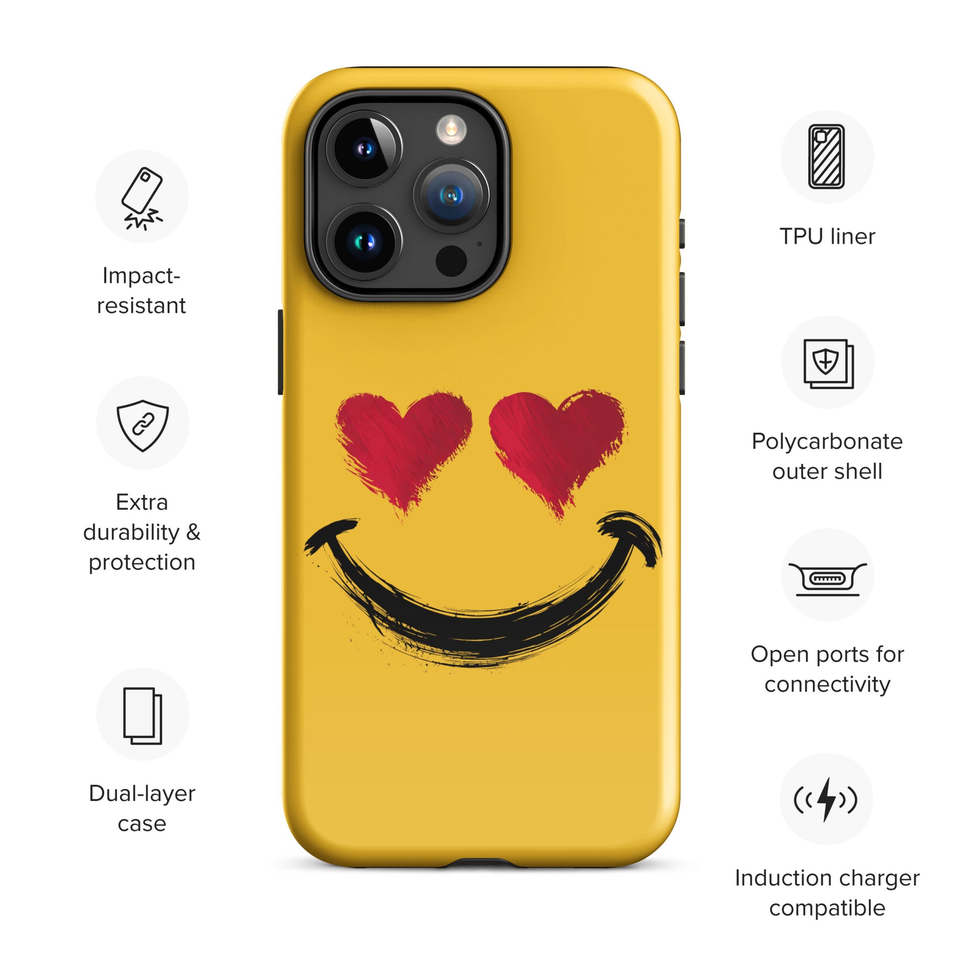 Phone Case for iPhone with Heart‑Eyes Smiley Art and features like impact-resistant, polycarbonate shell, and open ports for connectivity