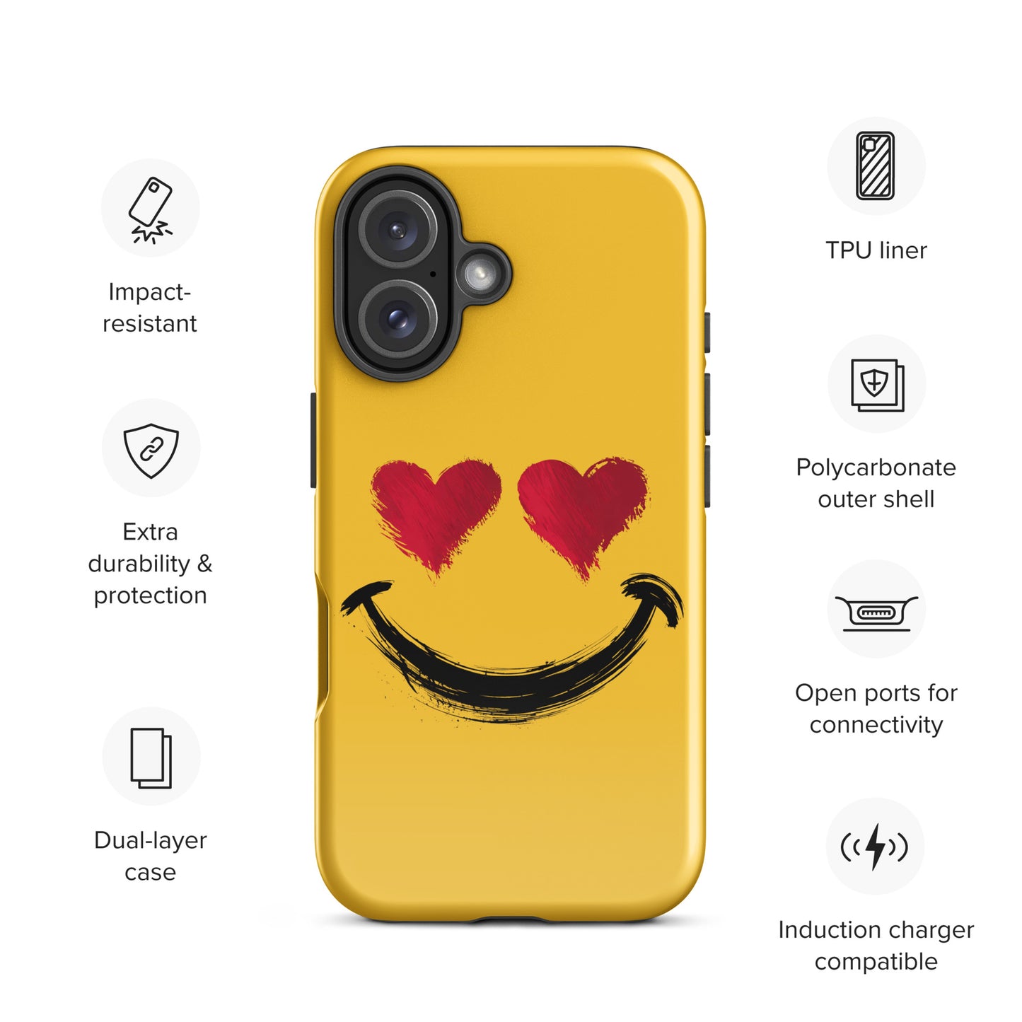 Phone Case for iPhone with heart-eyes smiley art, bold style design, vibrant colors, premium protection, playful luxury accessory.