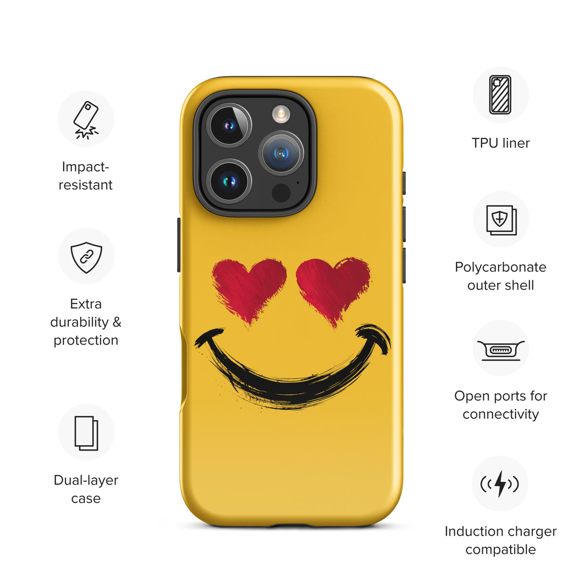 Phone Case for iPhone with heart‑eyes smiley art, playful design, impact-resistant, TPU liner, induction charger compatible