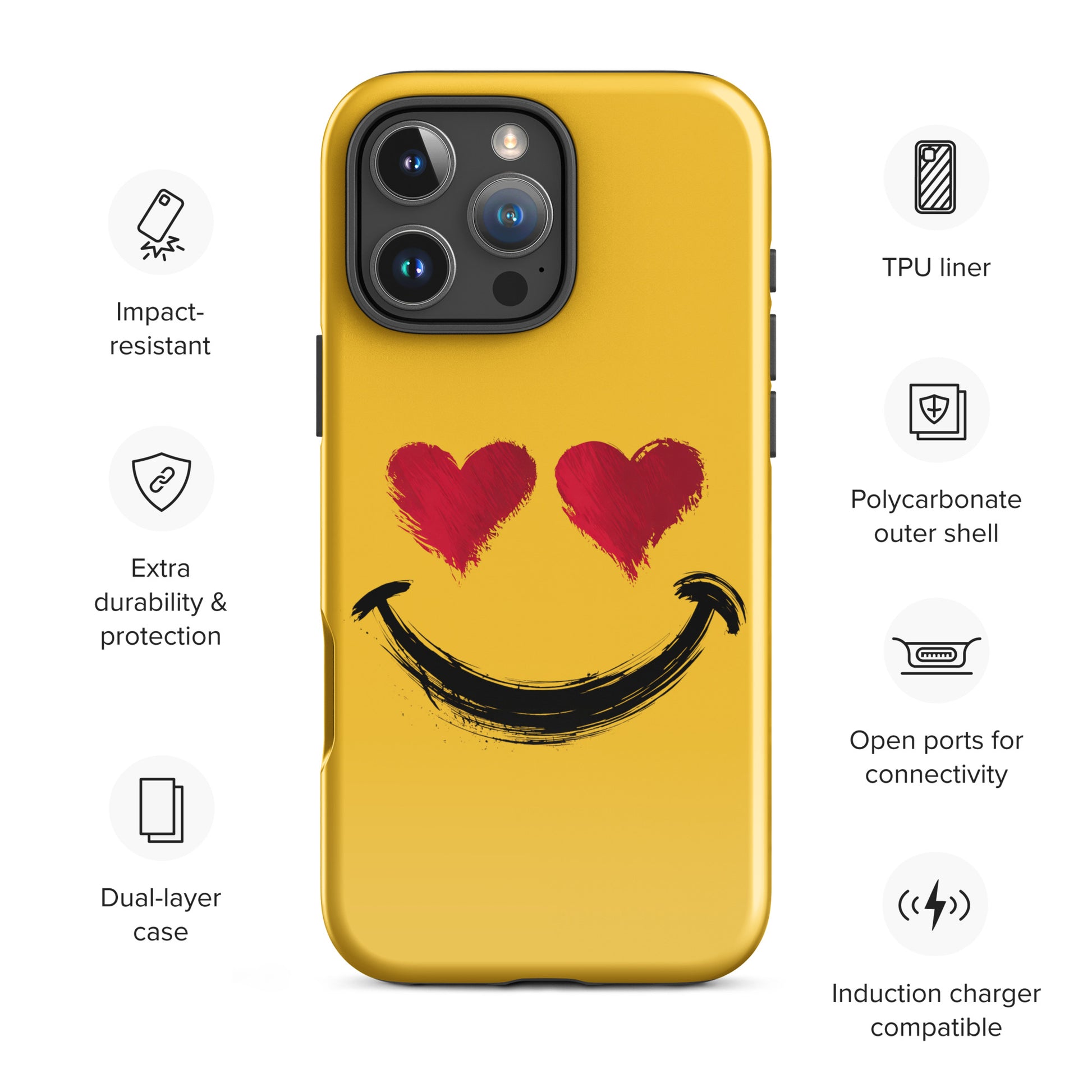 Phone Case for iPhone with heart-eyes smiley art, vibrant colors, TPU liner, polycarbonate shell for protection and style.