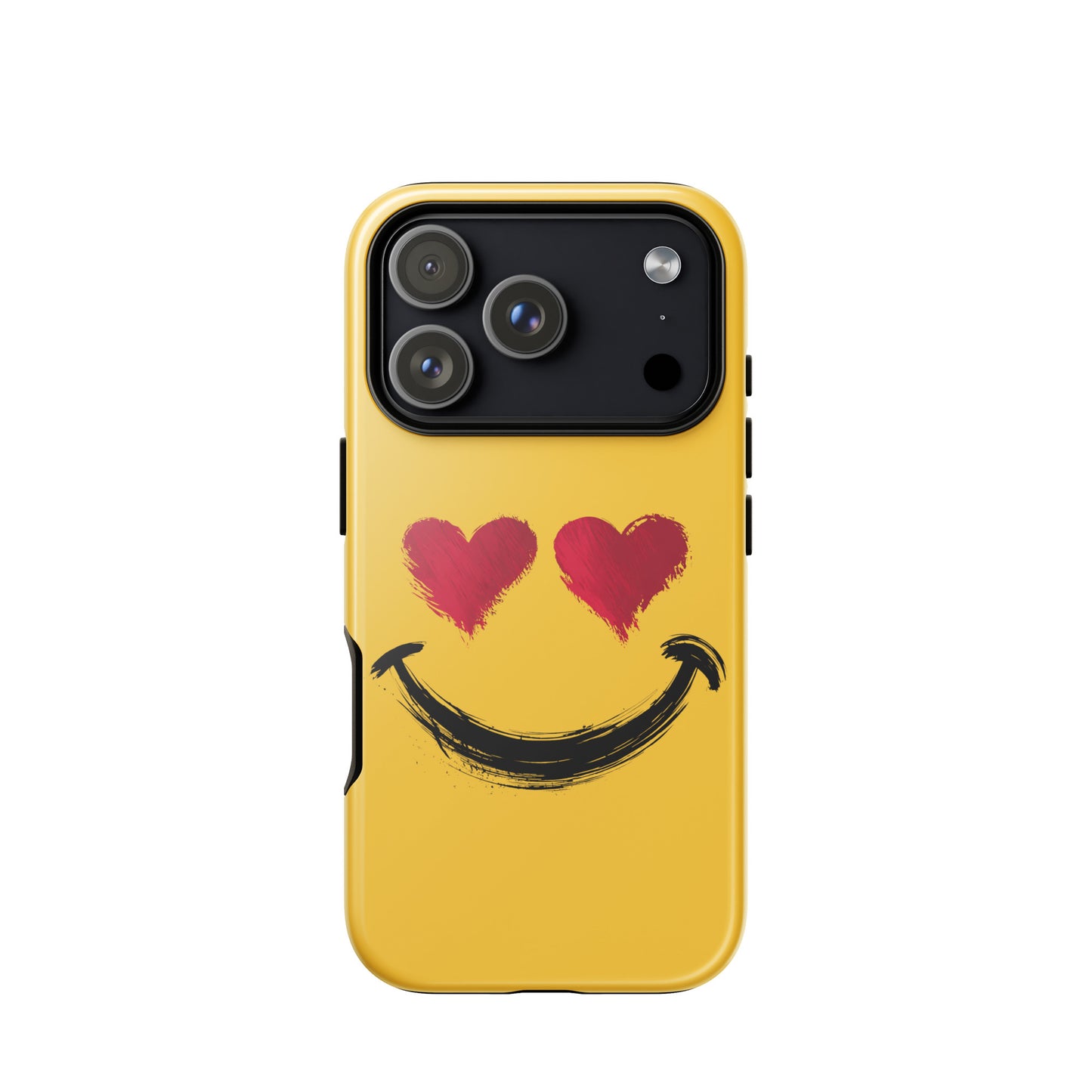 Phone Case for iPhone with heart-eyes smiley art and vibrant yellow background, designed for bold style and premium protection.