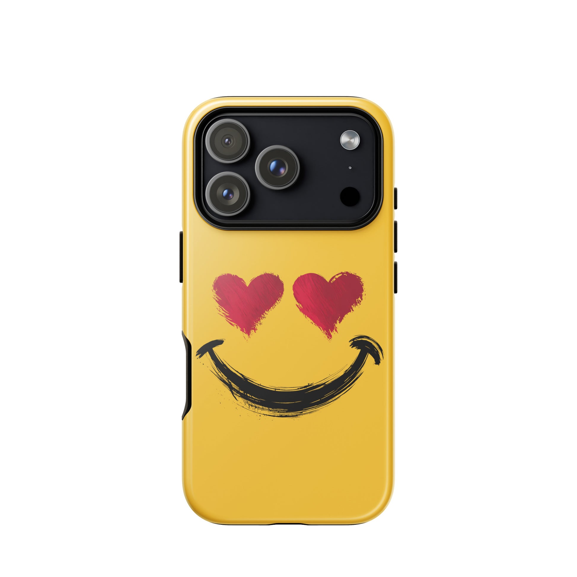 Phone Case for iPhone with heart-eyes smiley art and vibrant yellow background, designed for bold style and premium protection.