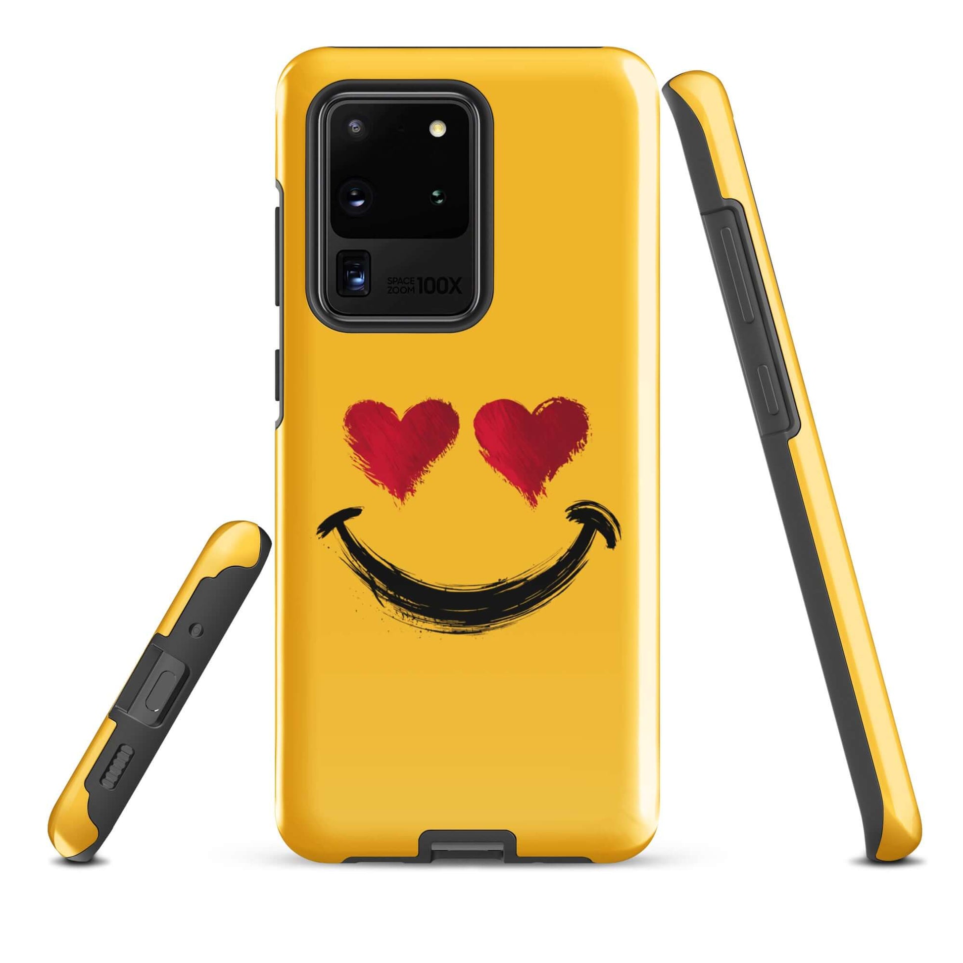 Phone Case for Samsung Galaxy with heart-eyes smiley design, bold style, premium quality, vibrant colors, and artistic feel.