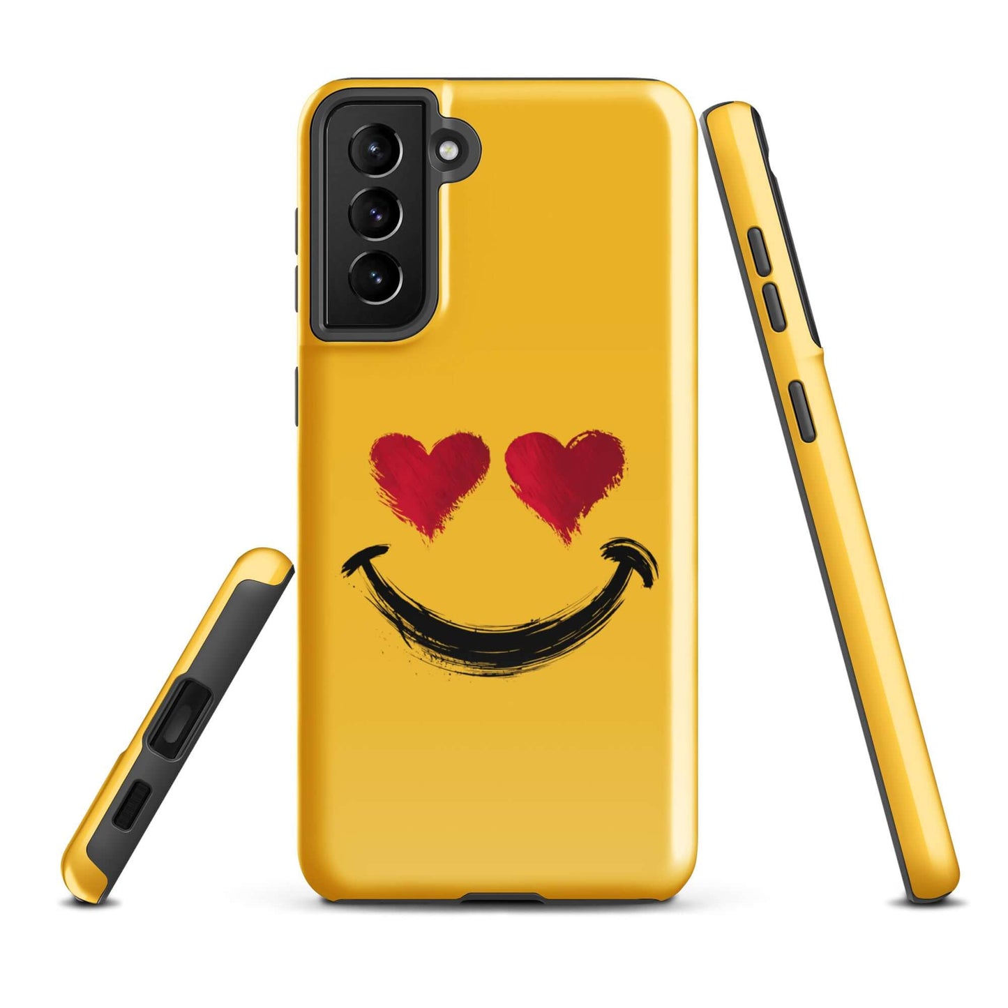 Phone Case for Samsung Galaxy with heart-eyes smiley design, yellow background, playful bold style, premium luxury accessory.
