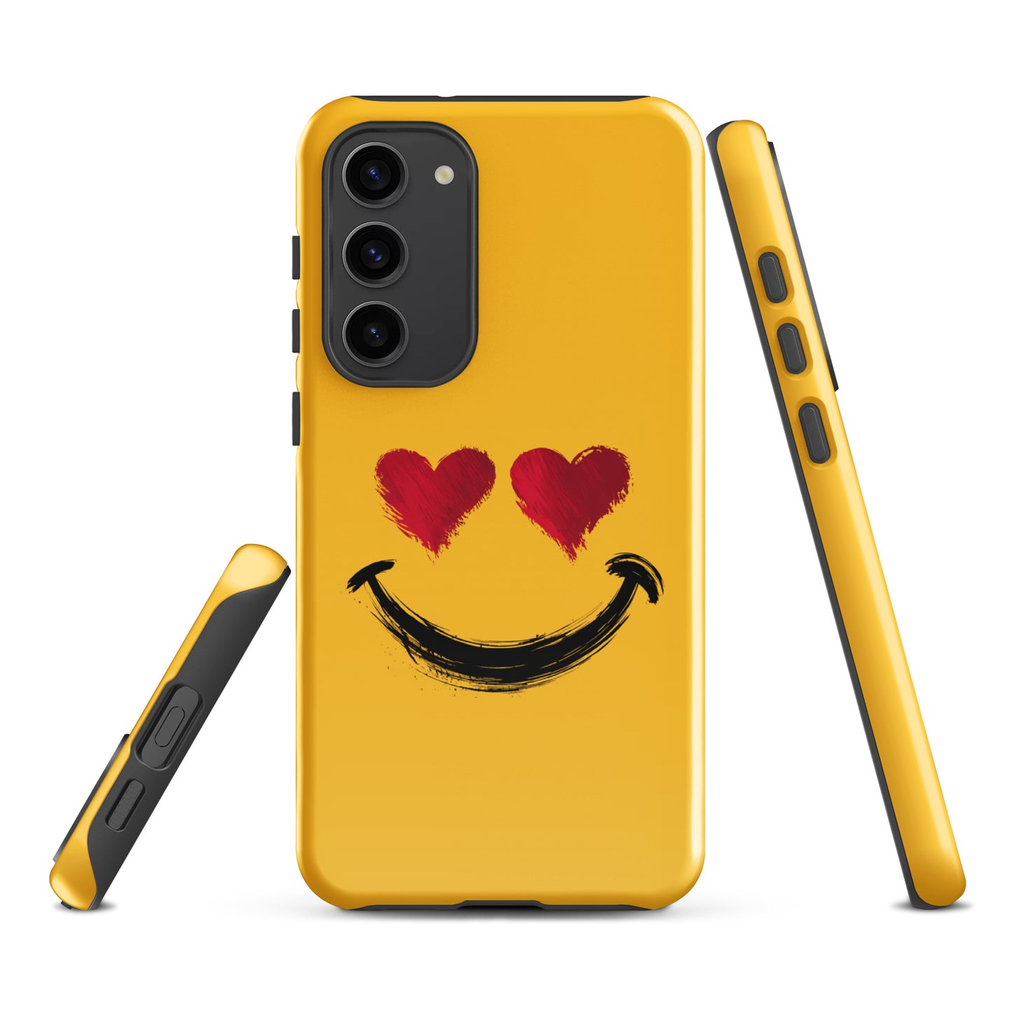 Phone Case for Samsung Galaxy with heart-eyes smiley design, bold style, vibrant colors, and artistic brushstroke textures.