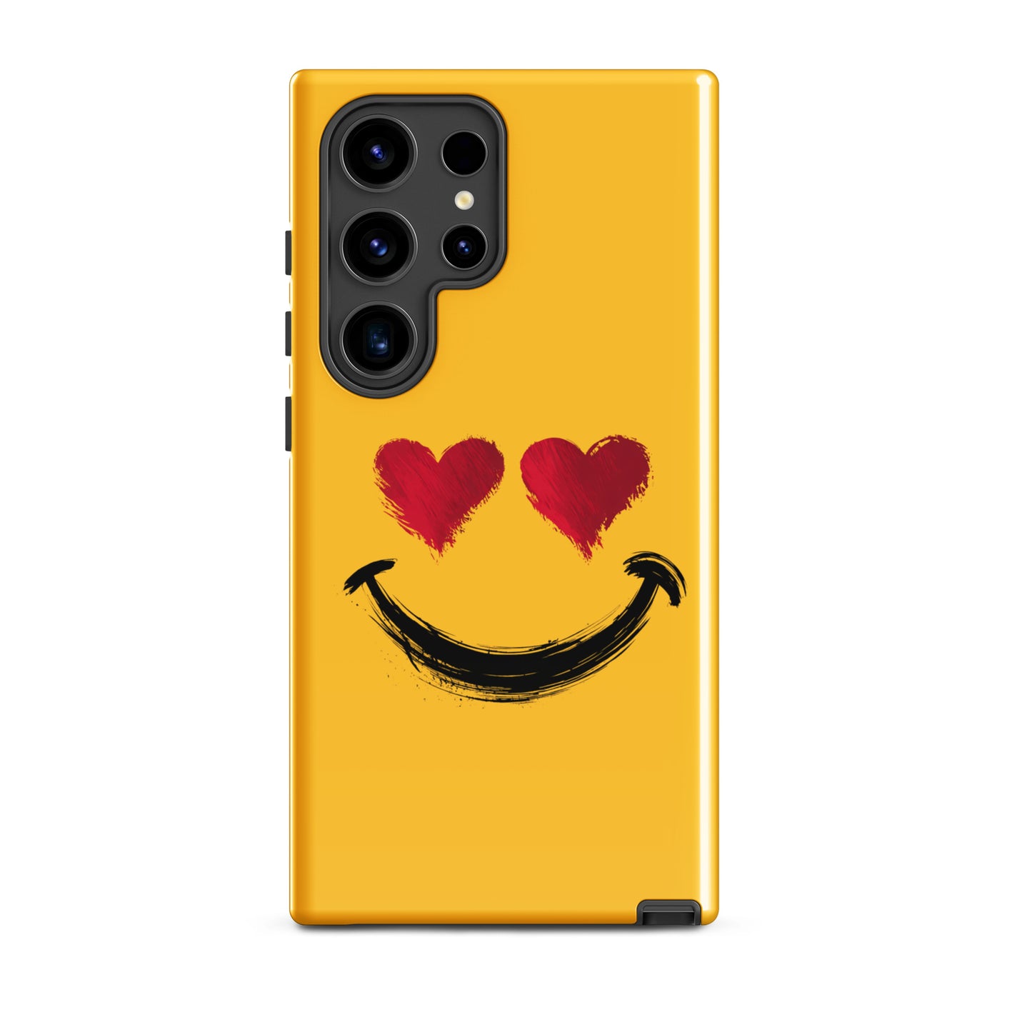 Phone Case for Samsung Galaxy with heart-eyes smiley art, yellow background, bold style, luxury accessory.