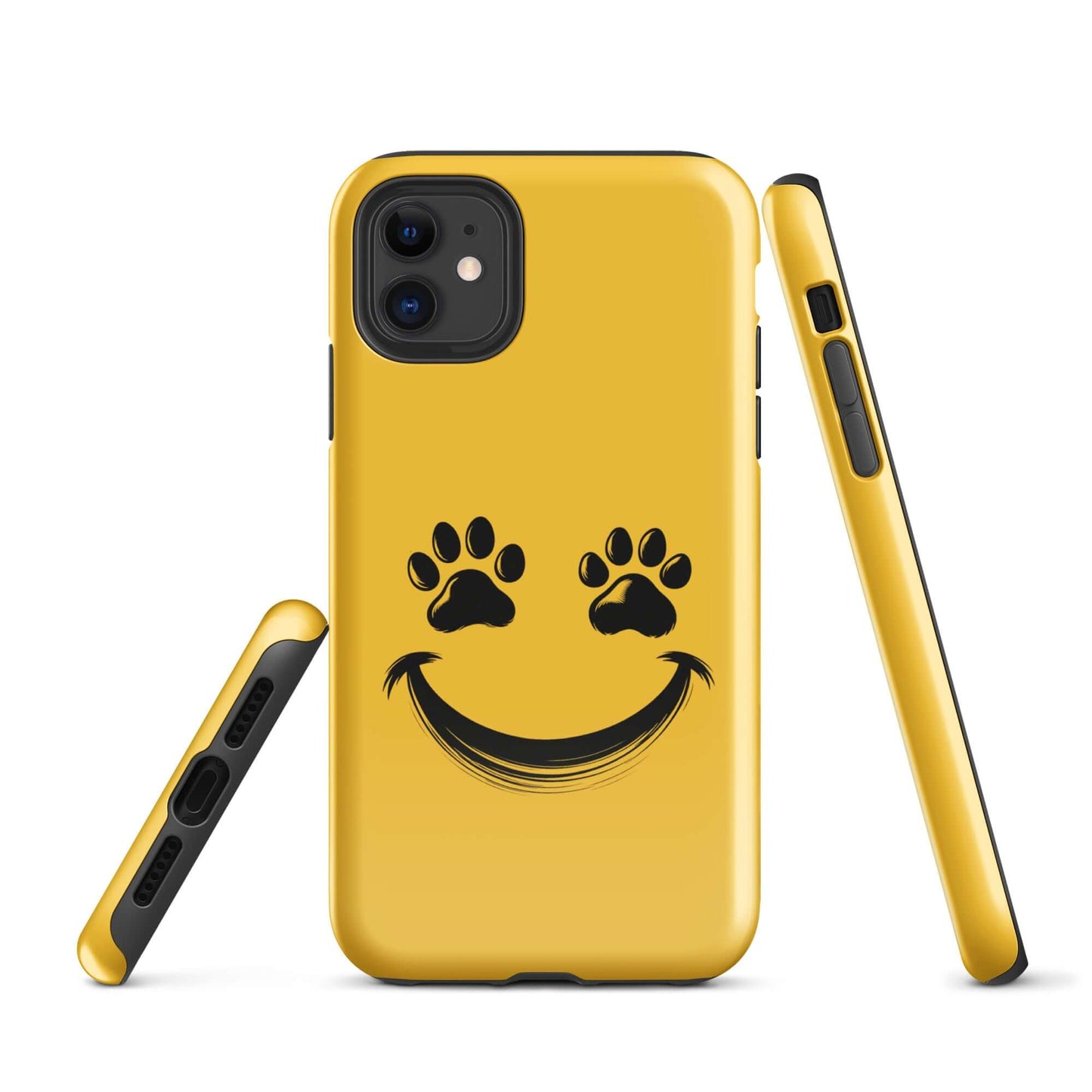 Phone Case with smiley face and paw prints design for pet lovers on yellow background