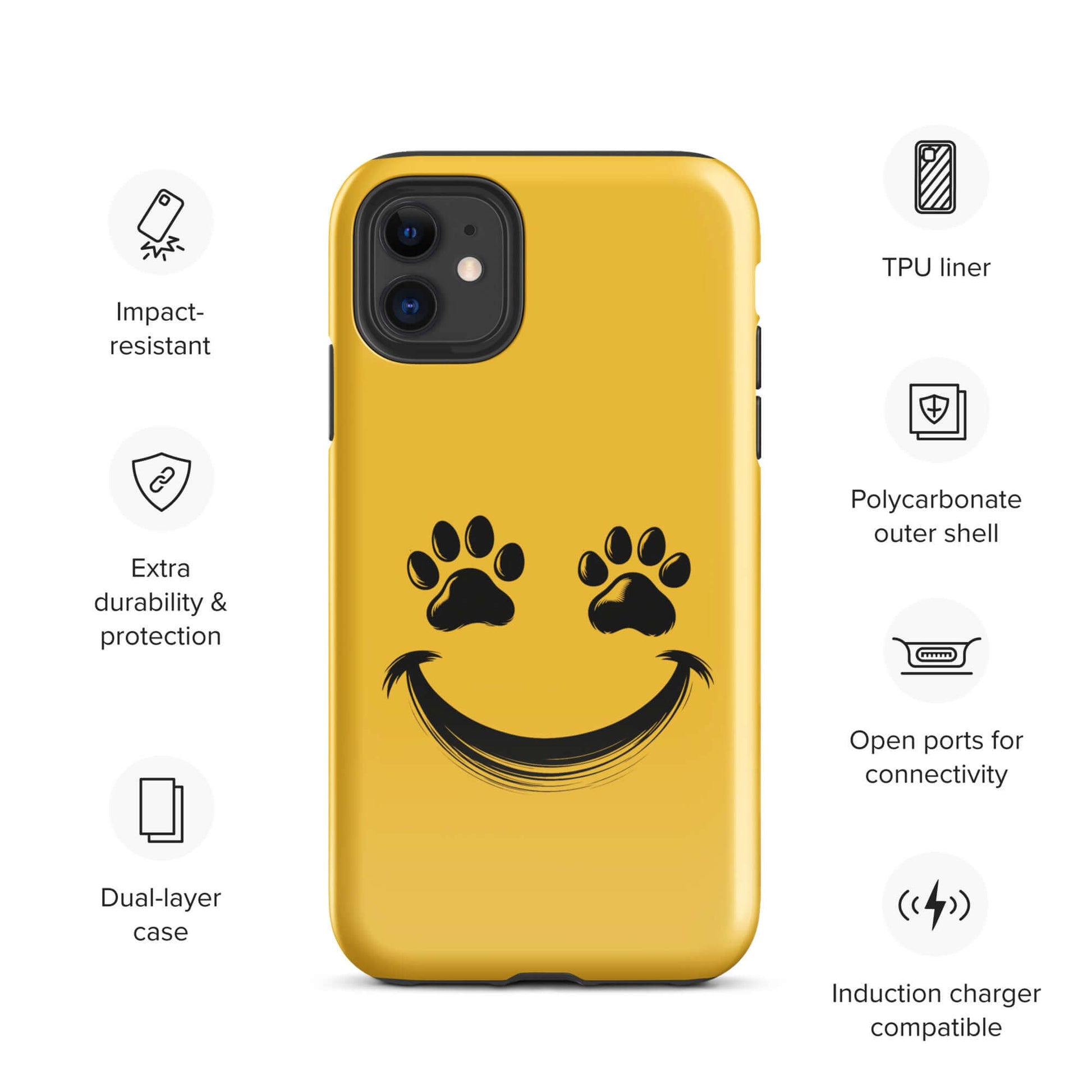 Phone Case for iPhone with smiley face and paw print design for pet lovers, showcasing durability and playful style.