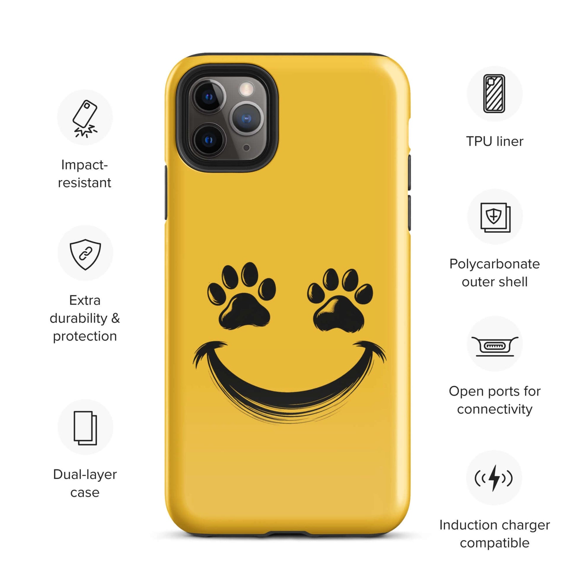 Phone Case for iPhone with smiley face and paw print design, perfect for pet lovers seeking durability and charm.