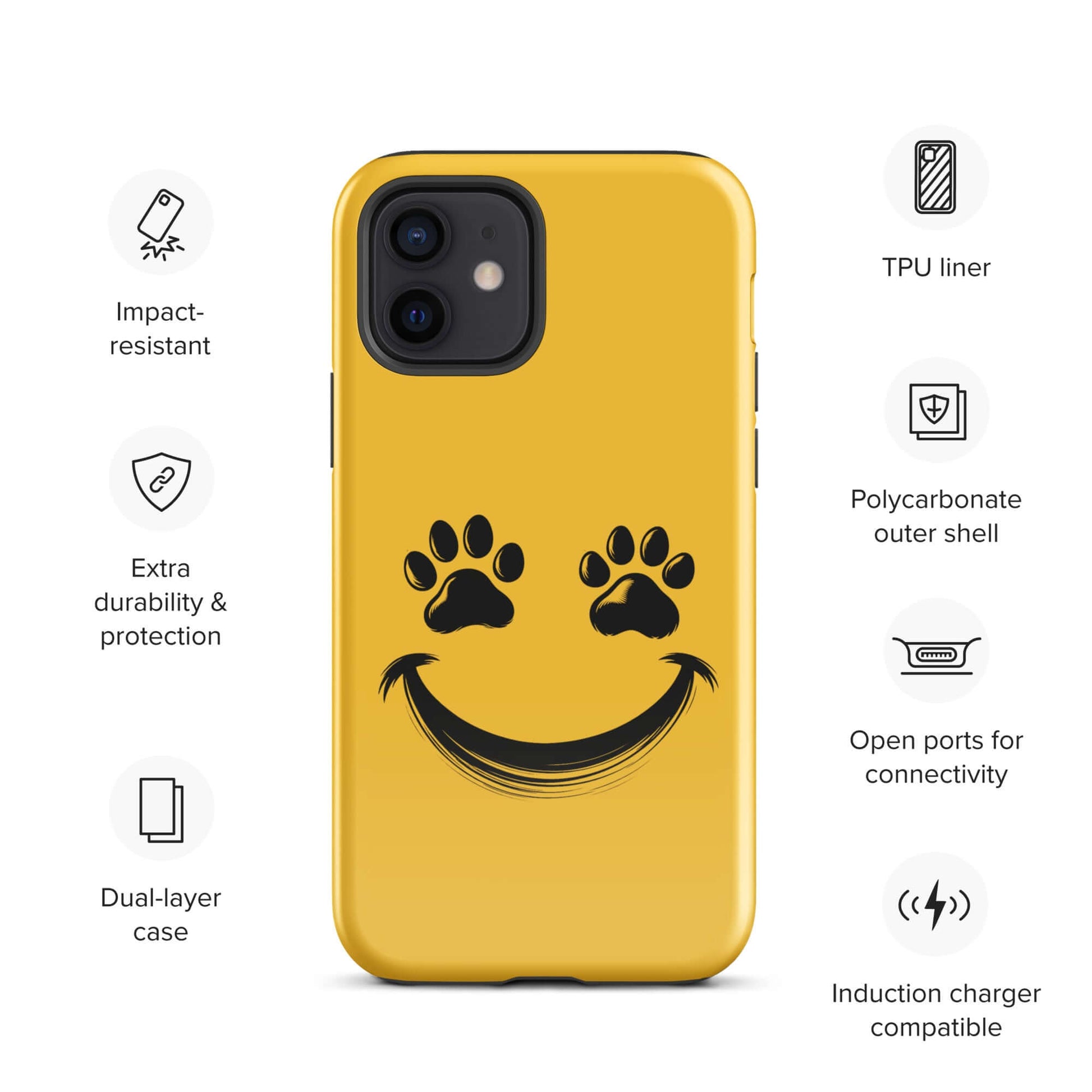 Phone Case for iPhone featuring smiley face with paw prints, designed for playful pet lovers. Durable and vibrant protection.