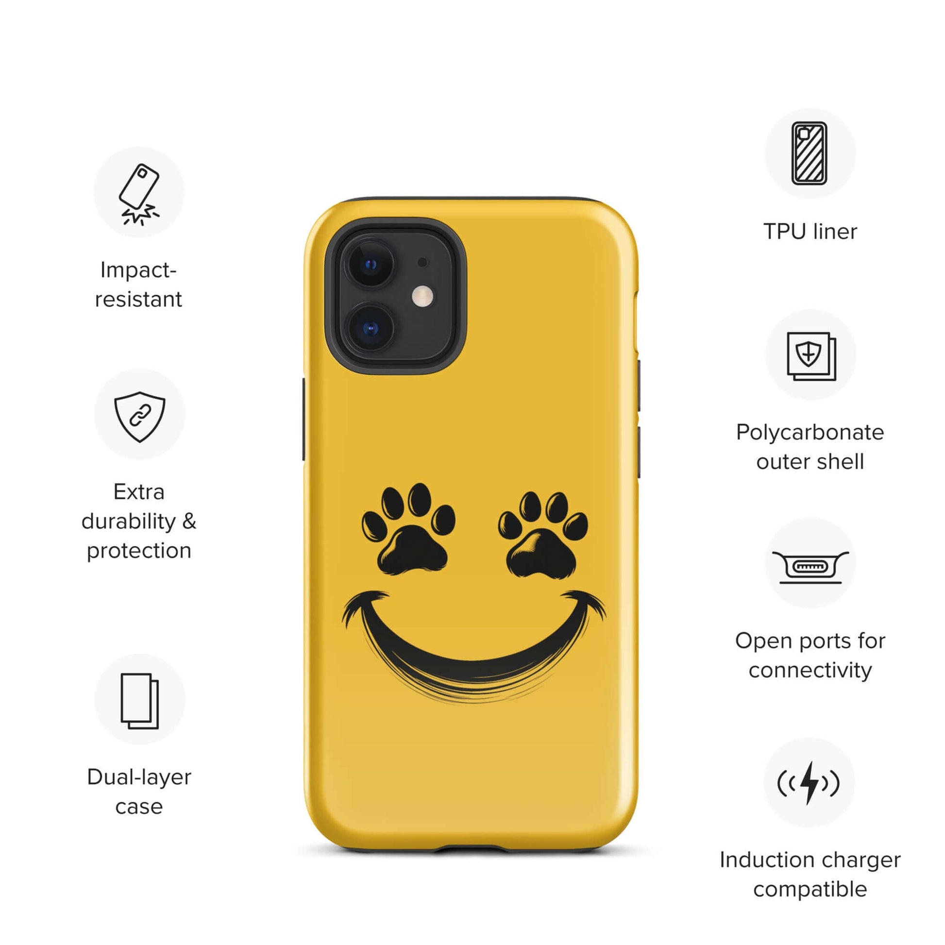 Phone Case with smiley paw prints for iPhone, perfect for pet lovers seeking playful design and durability.