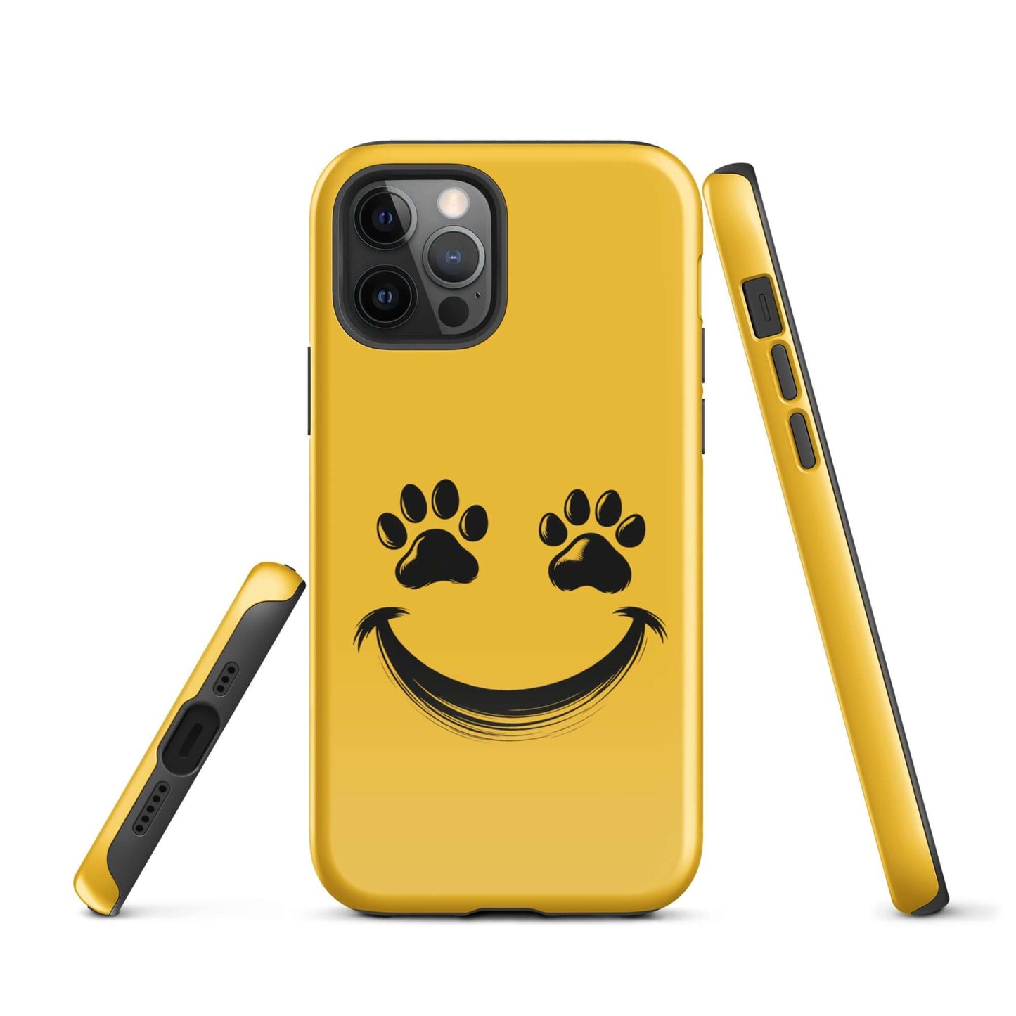 Phone Case for iPhone with smiley paw print face design for pet lovers, yellow durable cover with playful and cheerful style
