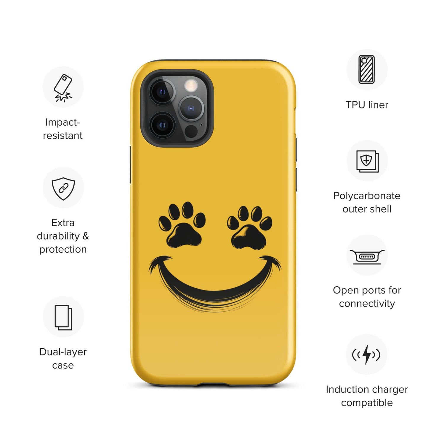 Phone Case with smiley face and paw prints design for iPhone, ideal for pet lovers seeking durable and playful device protection.