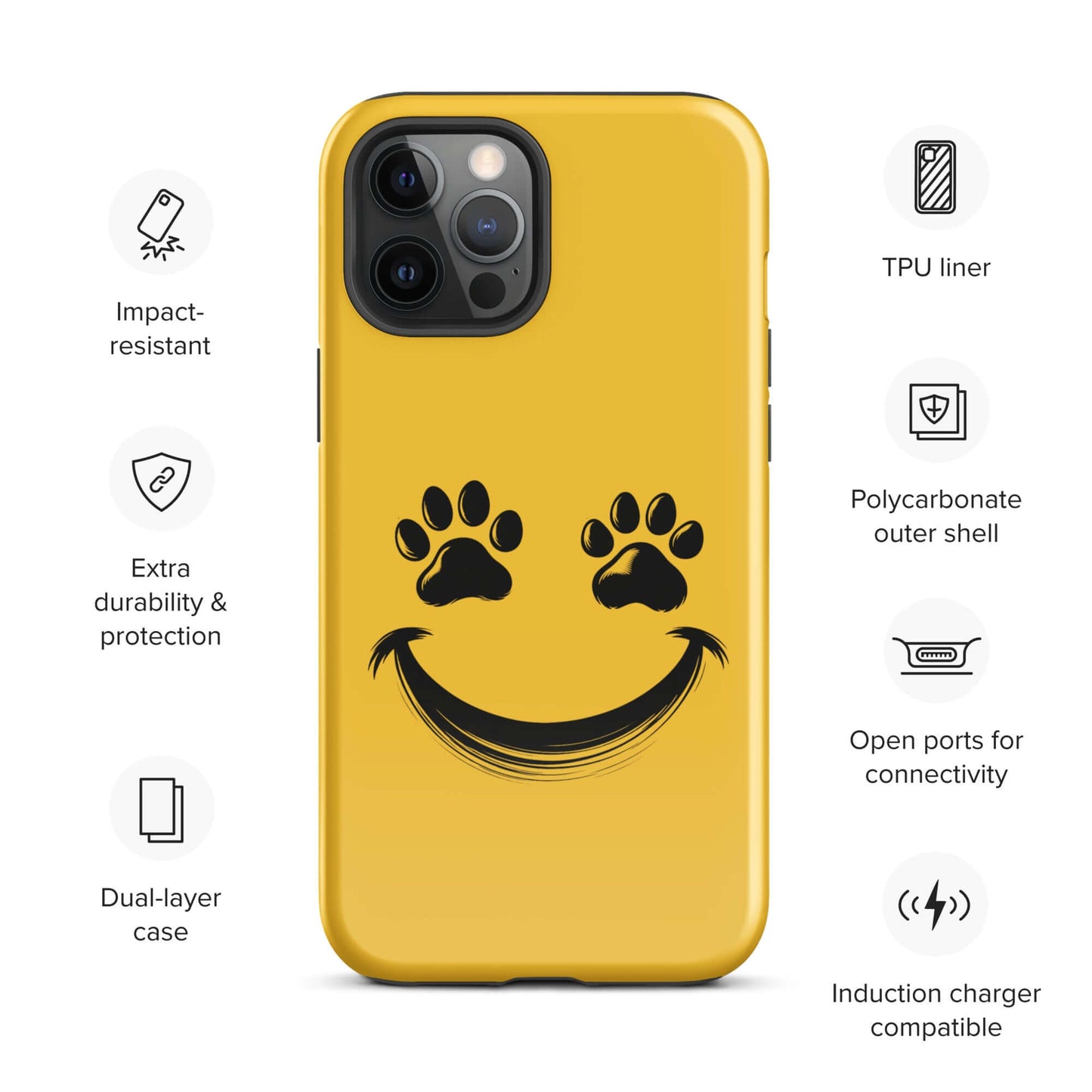 Phone Case for iPhone with smiley face and paw print design for pet lovers, bright yellow color, impact-resistant and durable.